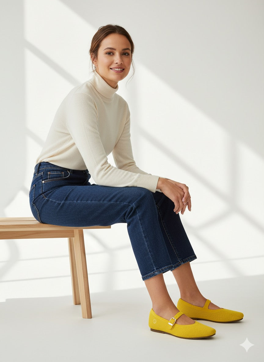 Rioz Yellow Mary Jane flats for women with breathable knit fabric and adjustable strap-eco friendly Jane flats-sustainable footwear