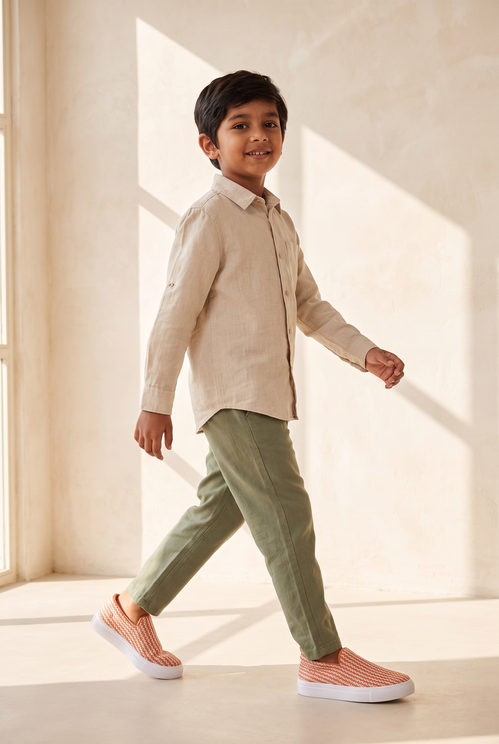 Kids Skippy Slip-On Sneakers Orange full model shot on boy, mid-walk stride