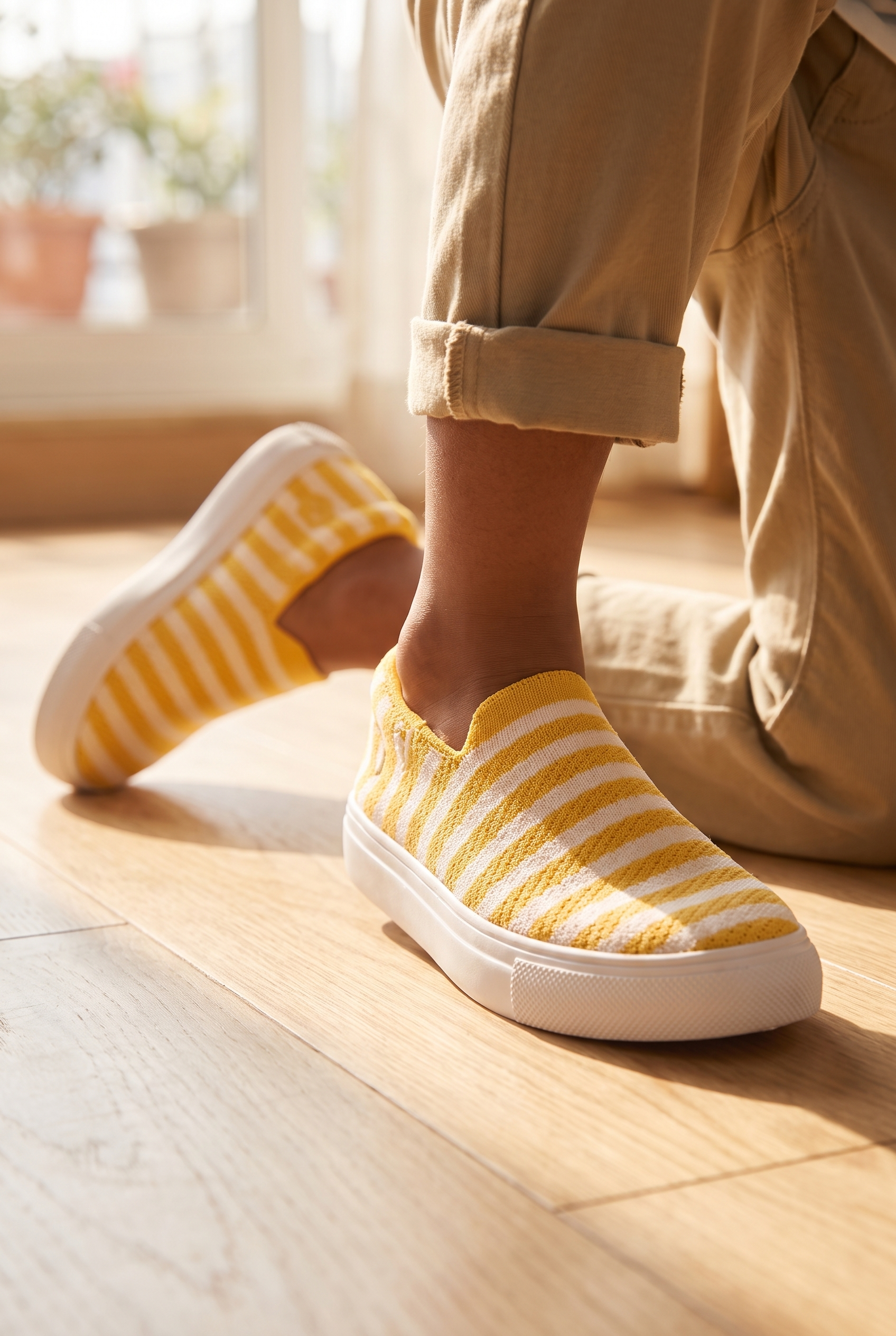 Kids Zippy Slip-On Sneakers Yellow foot closeup on boy