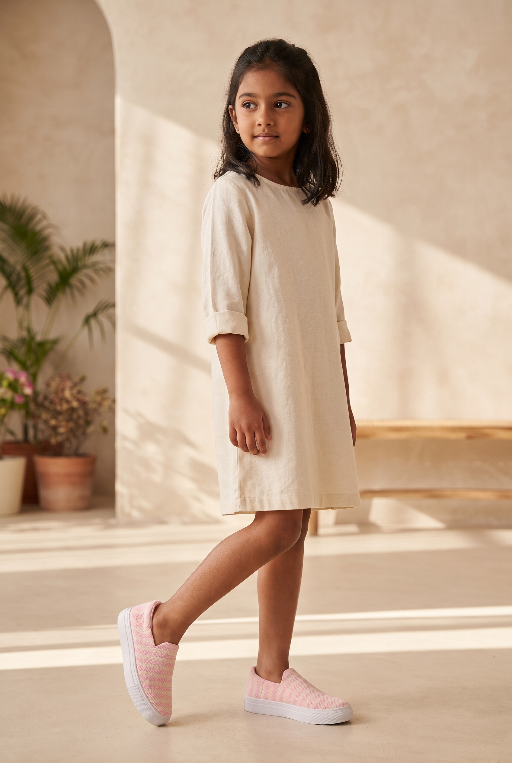 Kids Zippy Slip-On Sneakers Pink full model shot on girl, standing pose