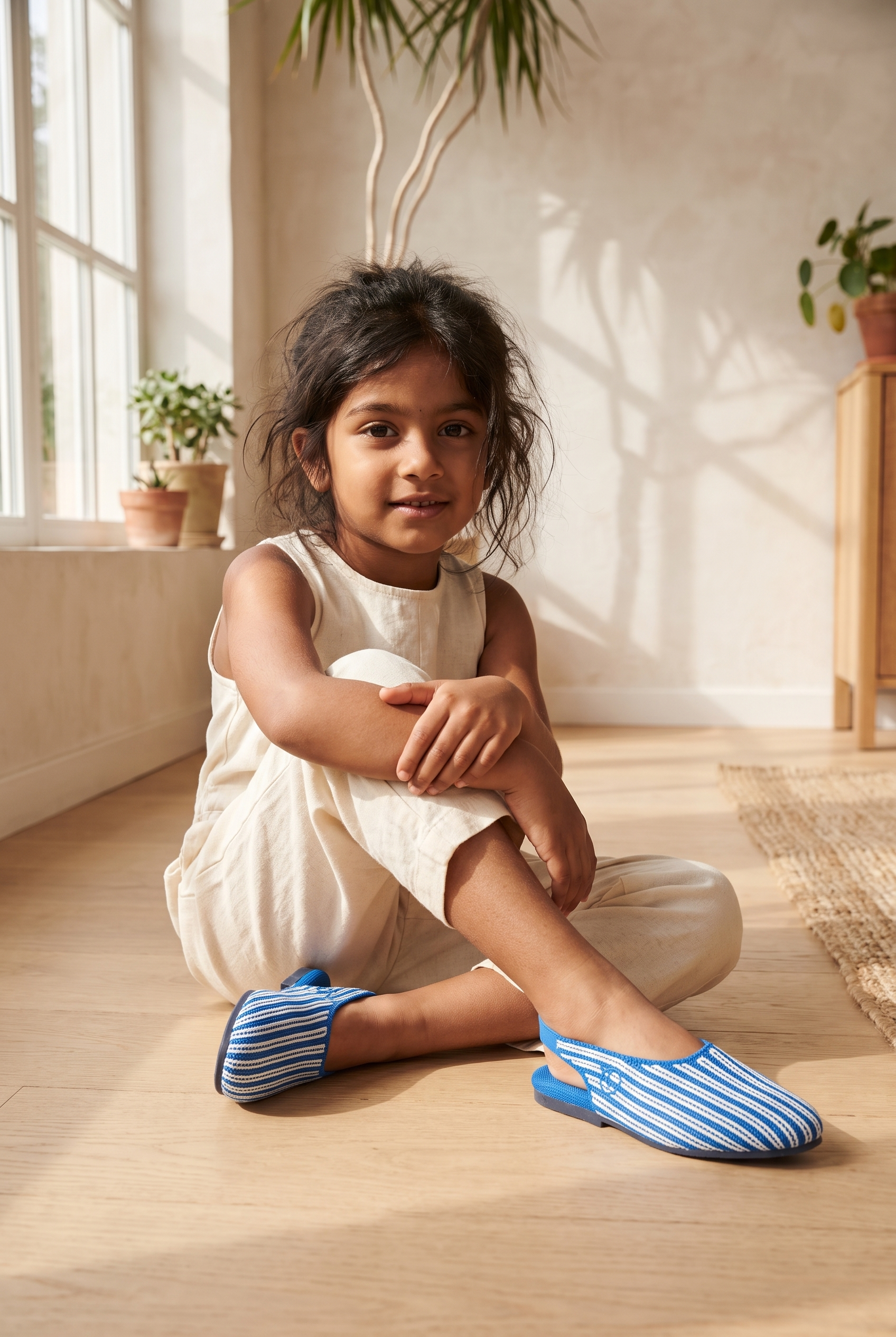 Kids Almond Slingback Blue full model shot on girl, sitting cross-legged pose