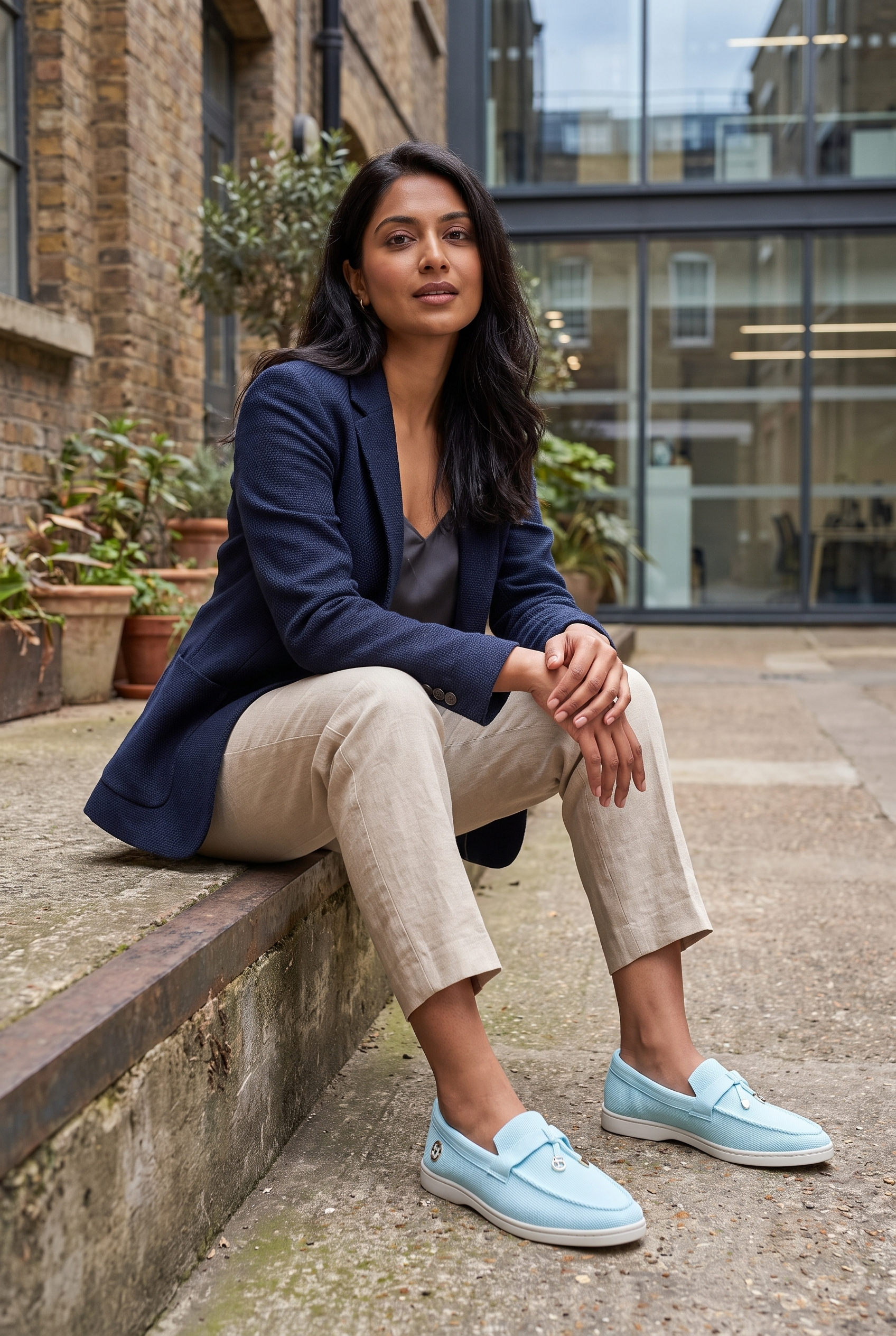 The Coco Loafers Blue full model shot on Indian woman, sitting on bench pose