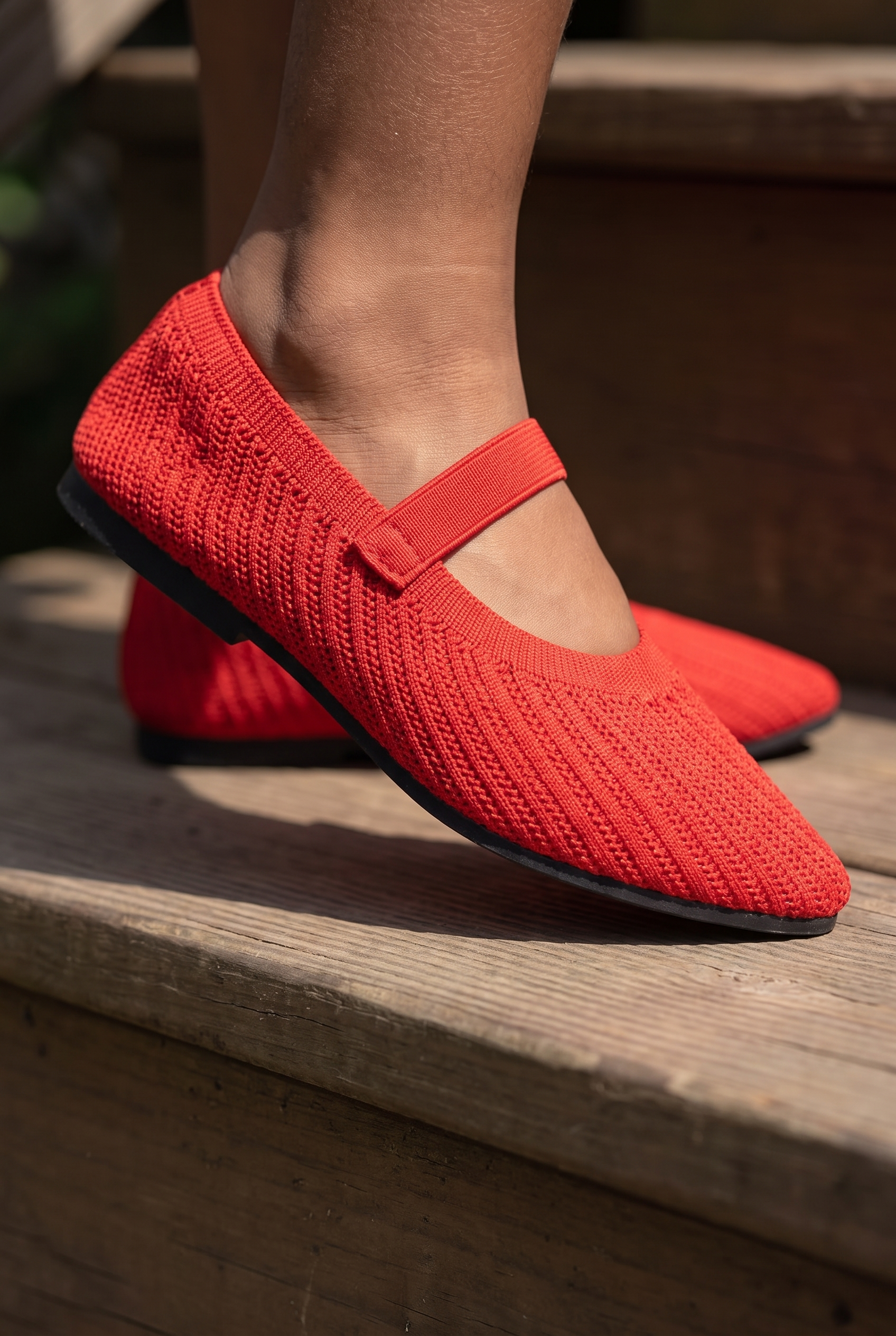 Kids Pointed Toe Veloce Mary Janes Red foot closeup on Indian girl