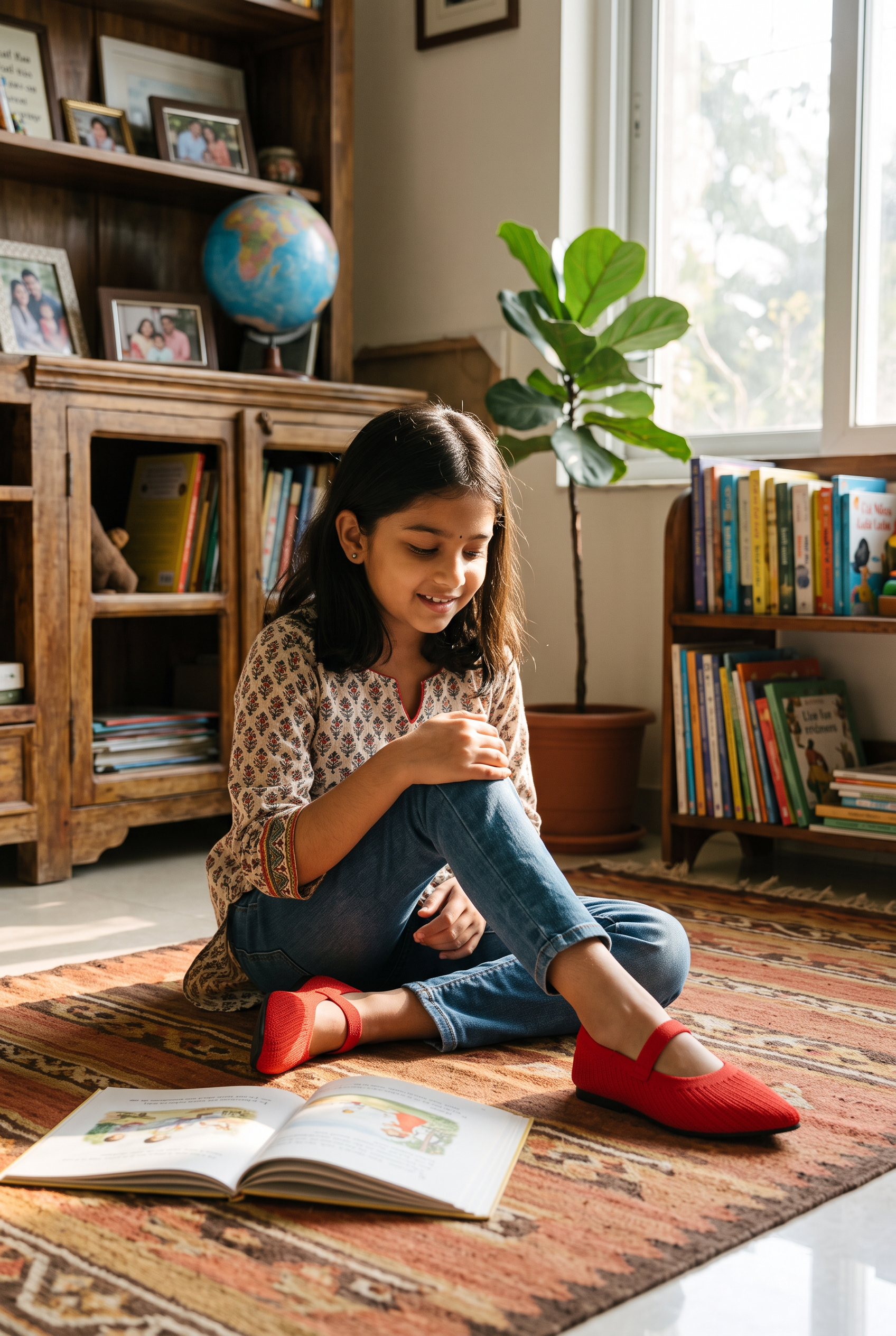 Kids Pointed Toe Veloce Mary Janes Red full model shot on Indian girl, sitting cross-legged pose