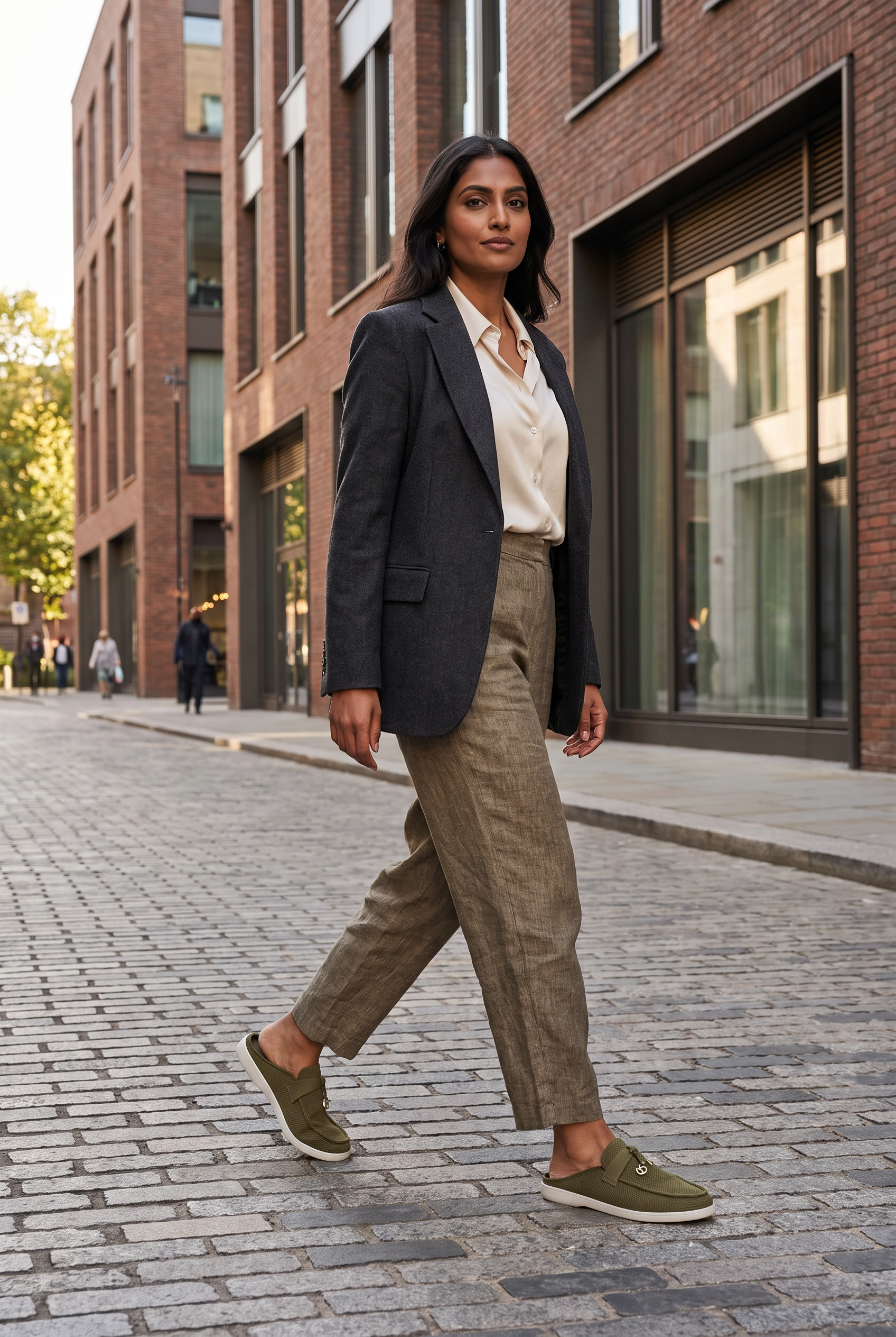 Coco Mules Olive full model shot on Indian woman, mid-walk stride pose