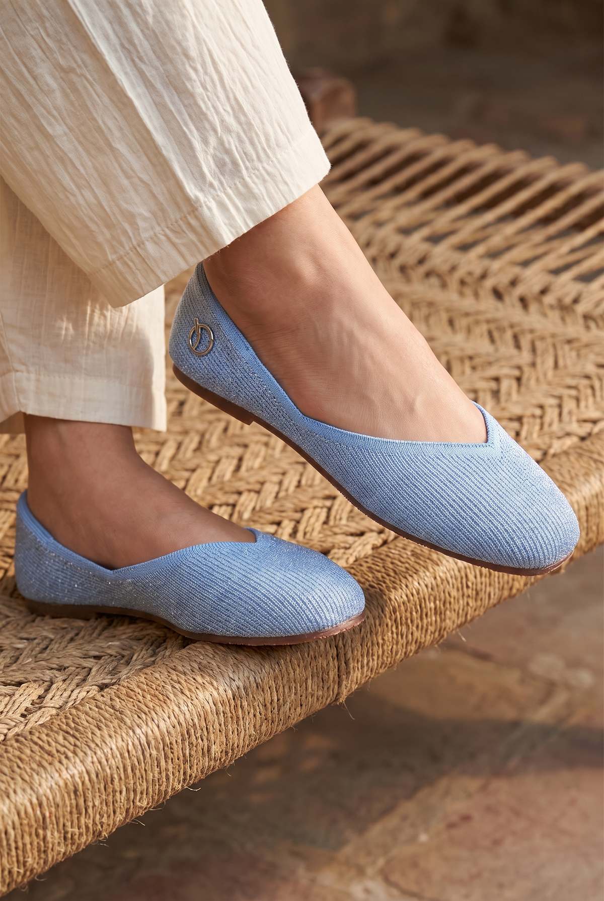 Sitara Juttis Sky Blue Silver foot closeup on Indian woman in traditional salwar