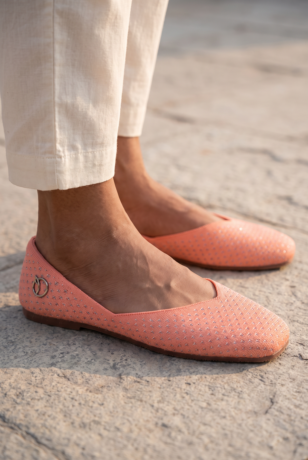 Sitara Juttis Coral Silver foot closeup on Indian woman in traditional salwar
