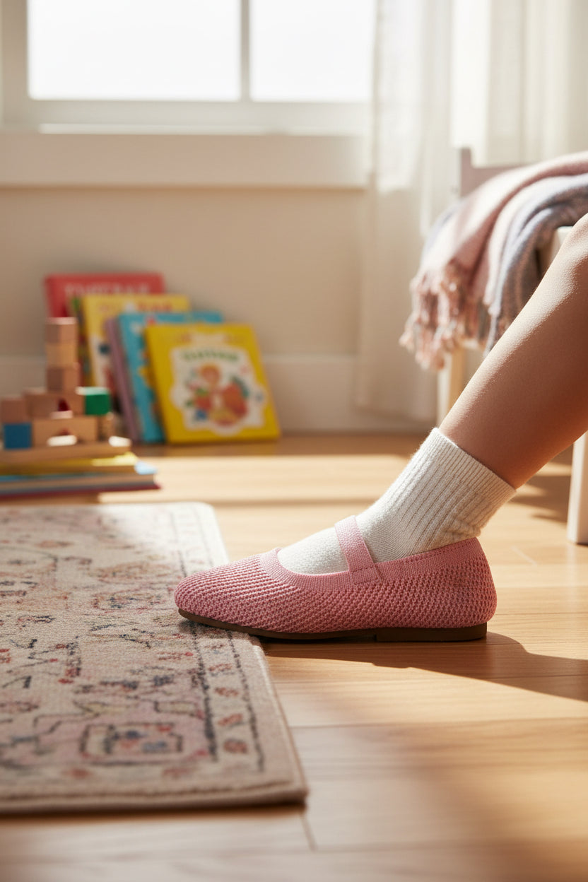 Kids Baby Pink knit Mary Jane shoes with black strap, made using zero-waste 3D knitting from recycled PET (rPET) plastic bottles, lightweight breathable round-toe flats for everyday wear.