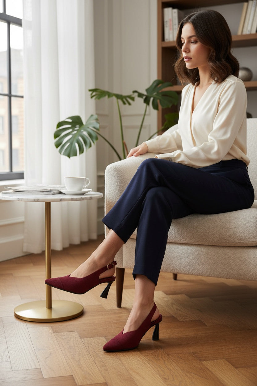 Rioz Isla maroon recycled knit slingback heels with a sculpted architectural heel worn by a woman in a bright room.