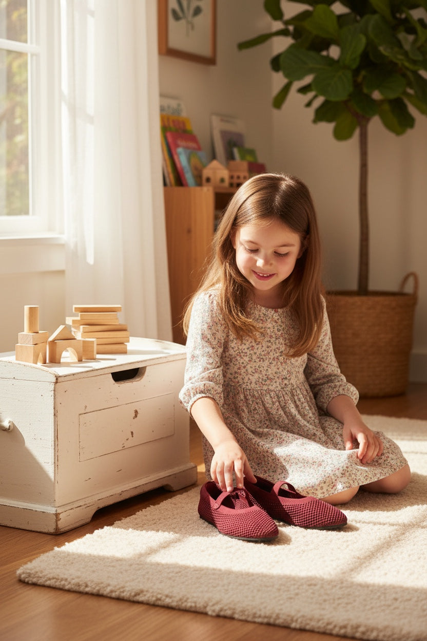 A young girl sitting on a rug playing with Rioz Kids Almond Toe Mary Janes in burgundy airknit fabric.
