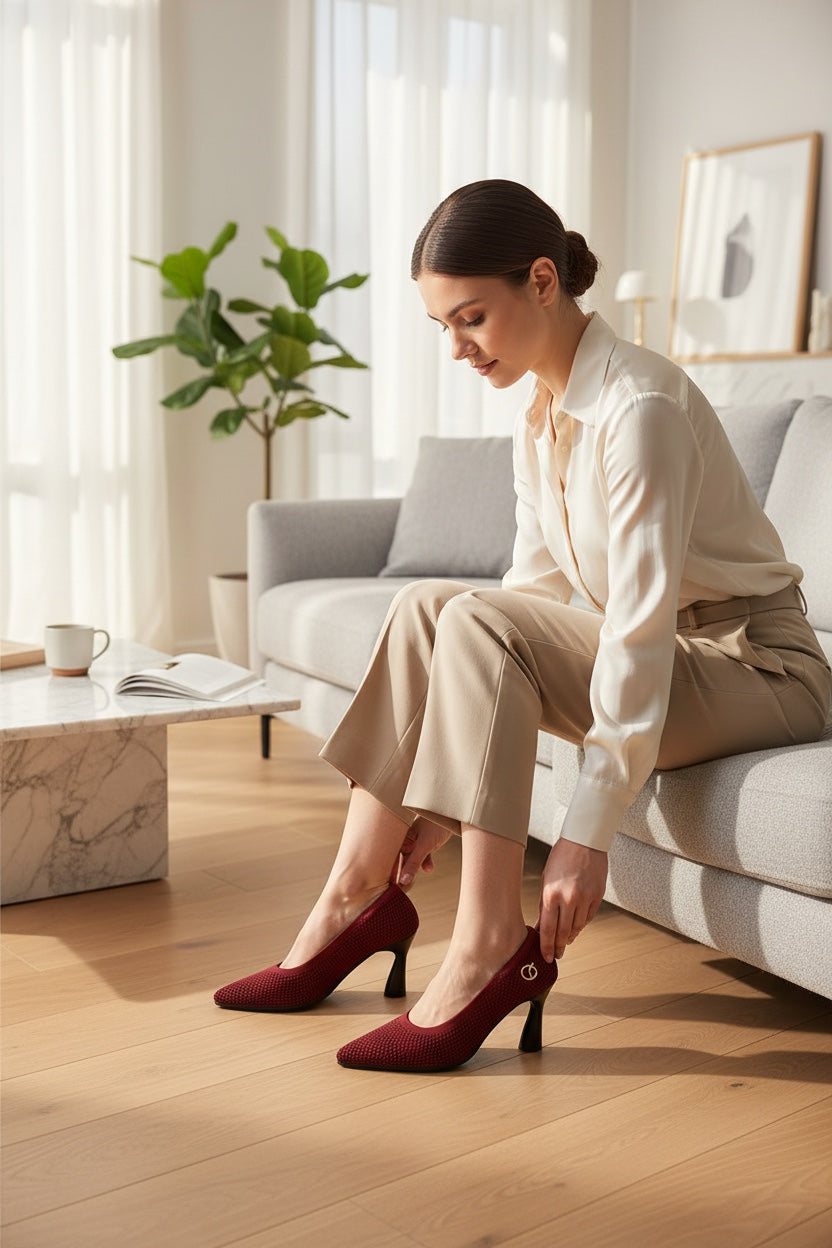 A woman sitting on a sofa putting on Rioz maroon recycled PET knit pointed-toe heels with a 7cm sculpted curved heel.