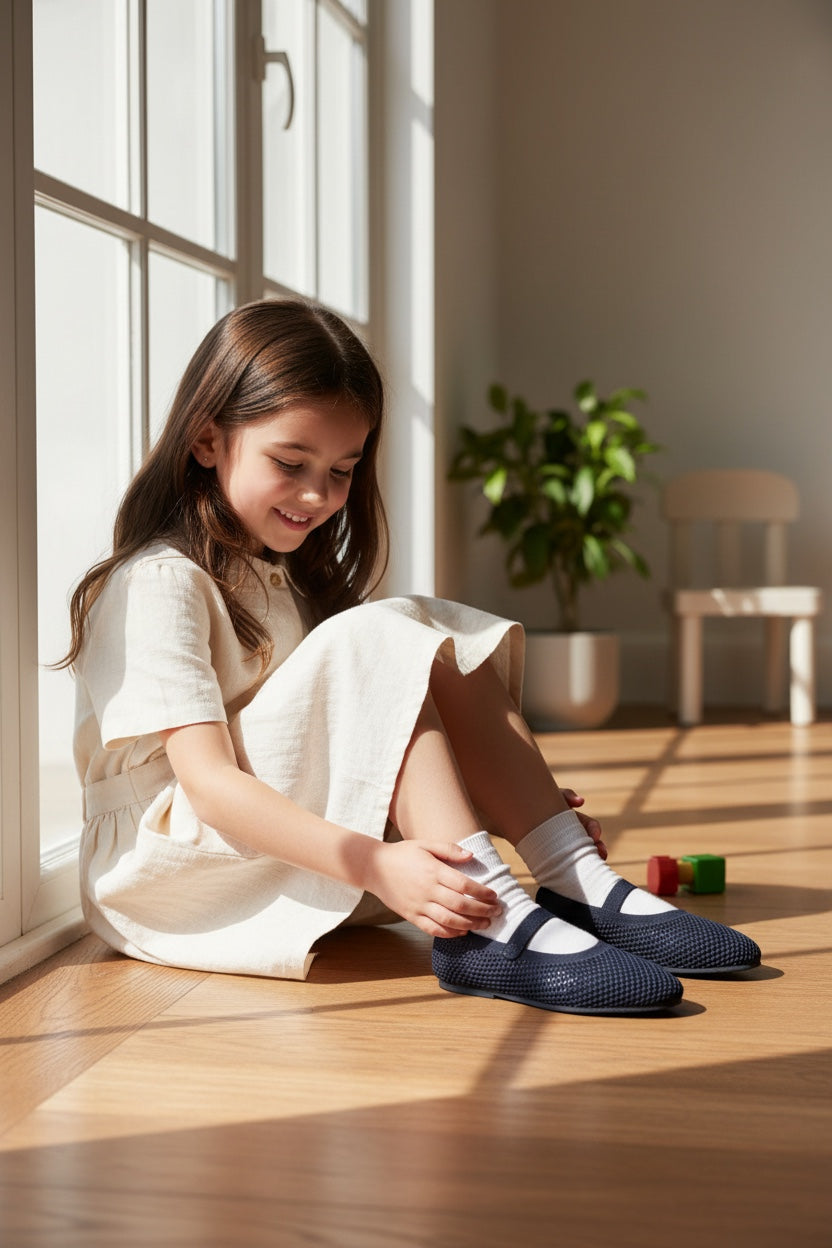 A young girl sitting by a window wearing Rioz navy blue airknit mary janes with a cushioned gum outsole.