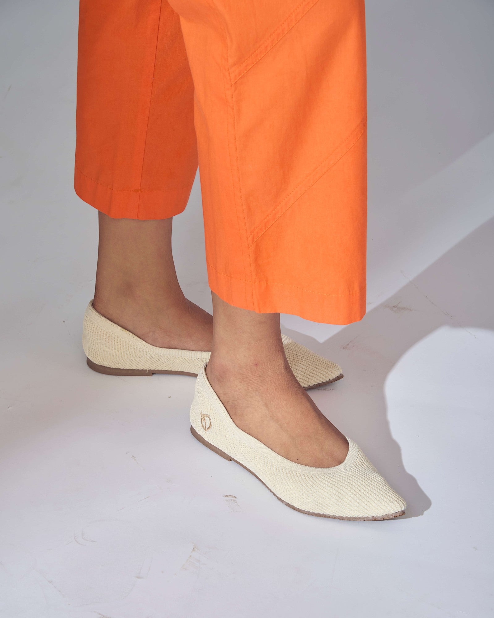 Rioz beige pointed-toe ballet flats for women with breathable knit fabric and cushioned soler eco-friendly fabric and cushioned sole