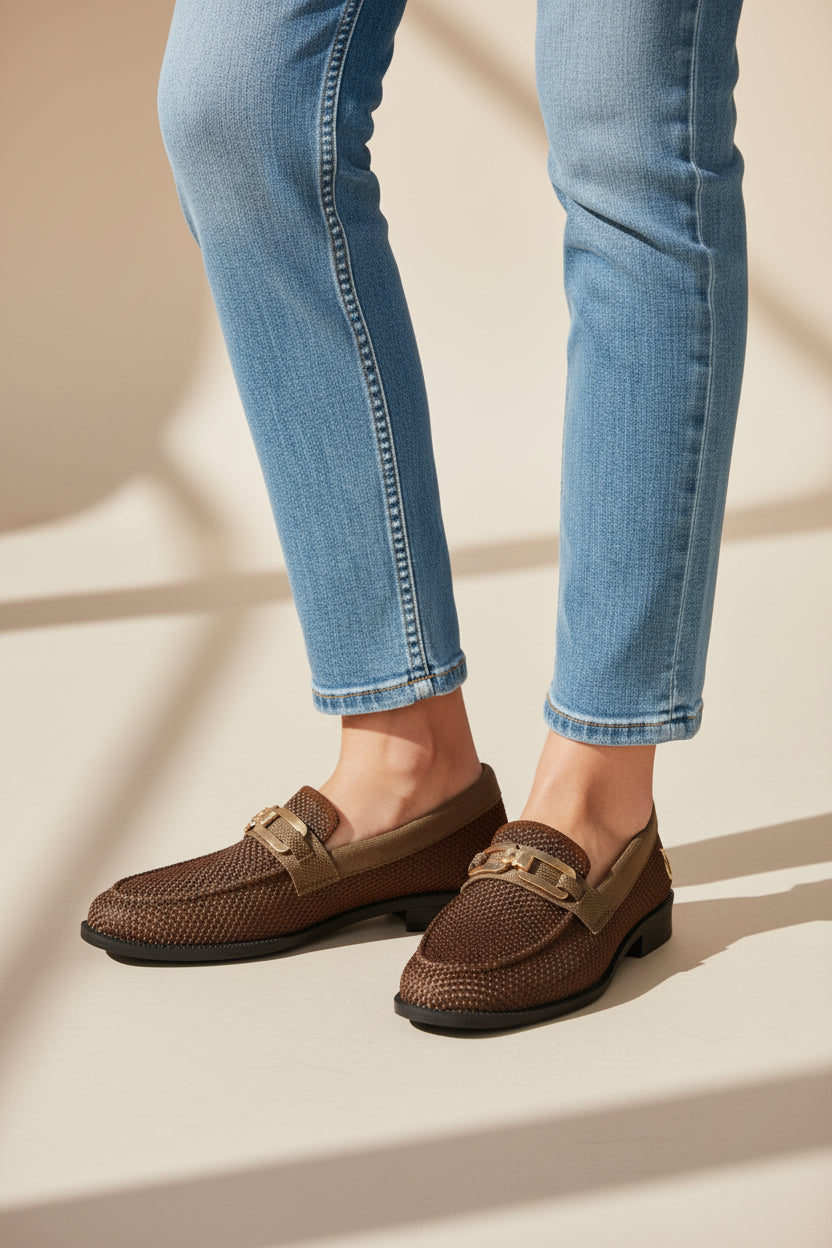 Rioz Brown knit slip-on loafers with brown trim and gold buckle detail, eco-friendly fabric and cushioned sole casual shoes