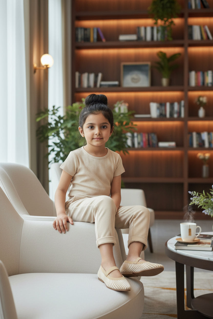 Beige and cream knit Mary Jane flats with strap, breathable striped pattern upper, lightweight flexible sole, comfortable everyday footwear for kids.