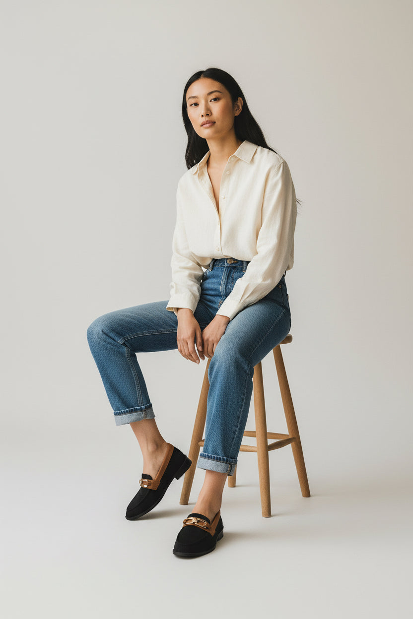 Rioz black knit slip-on loafers with brown trim and gold buckle detail, eco-friendly fabric and cushioned sole casual shoes