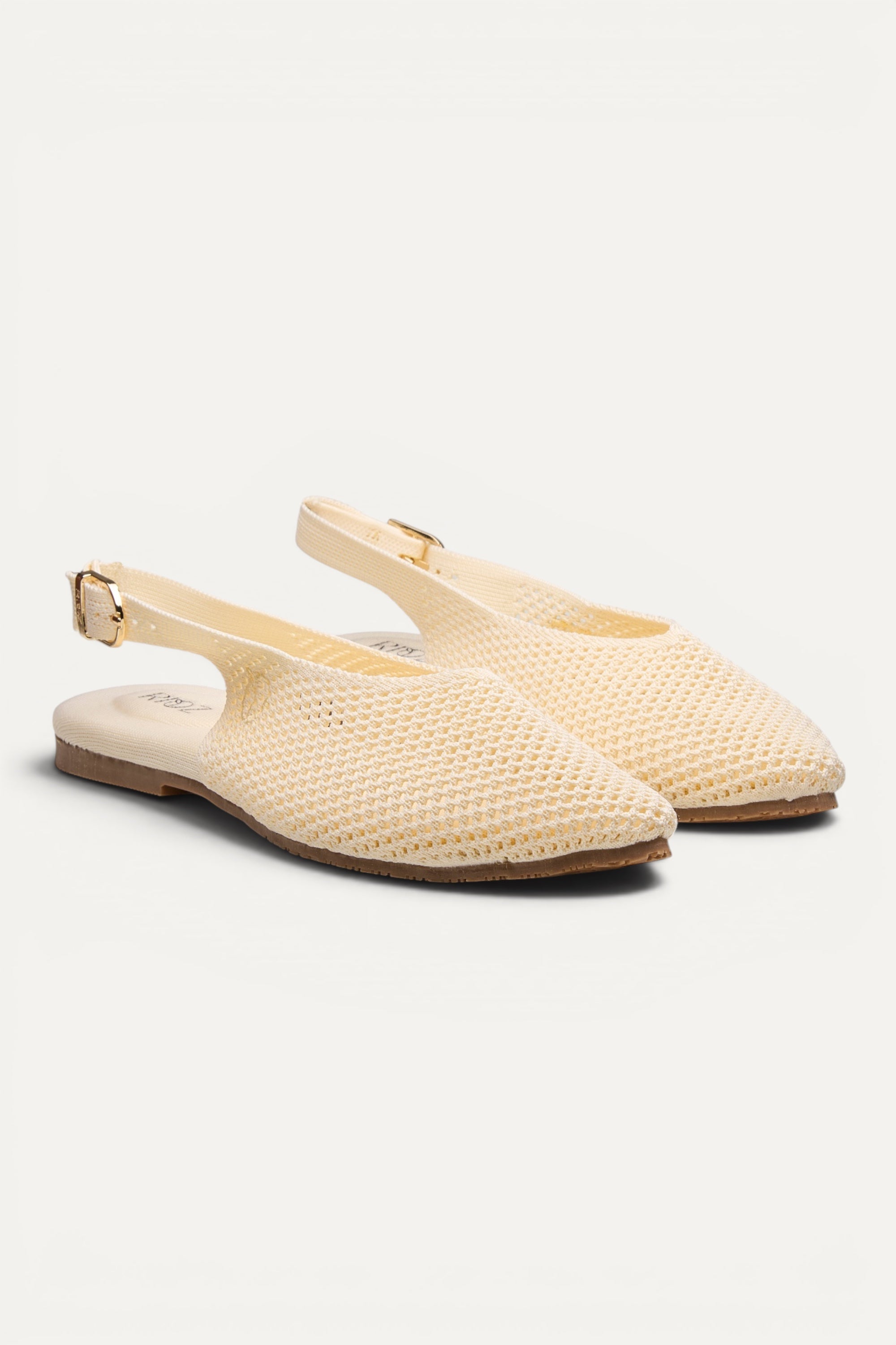 Rioz Airknit Slingbacks in ivory, vegan pointed-toe knit flats from recycled PET bottles, made in India.