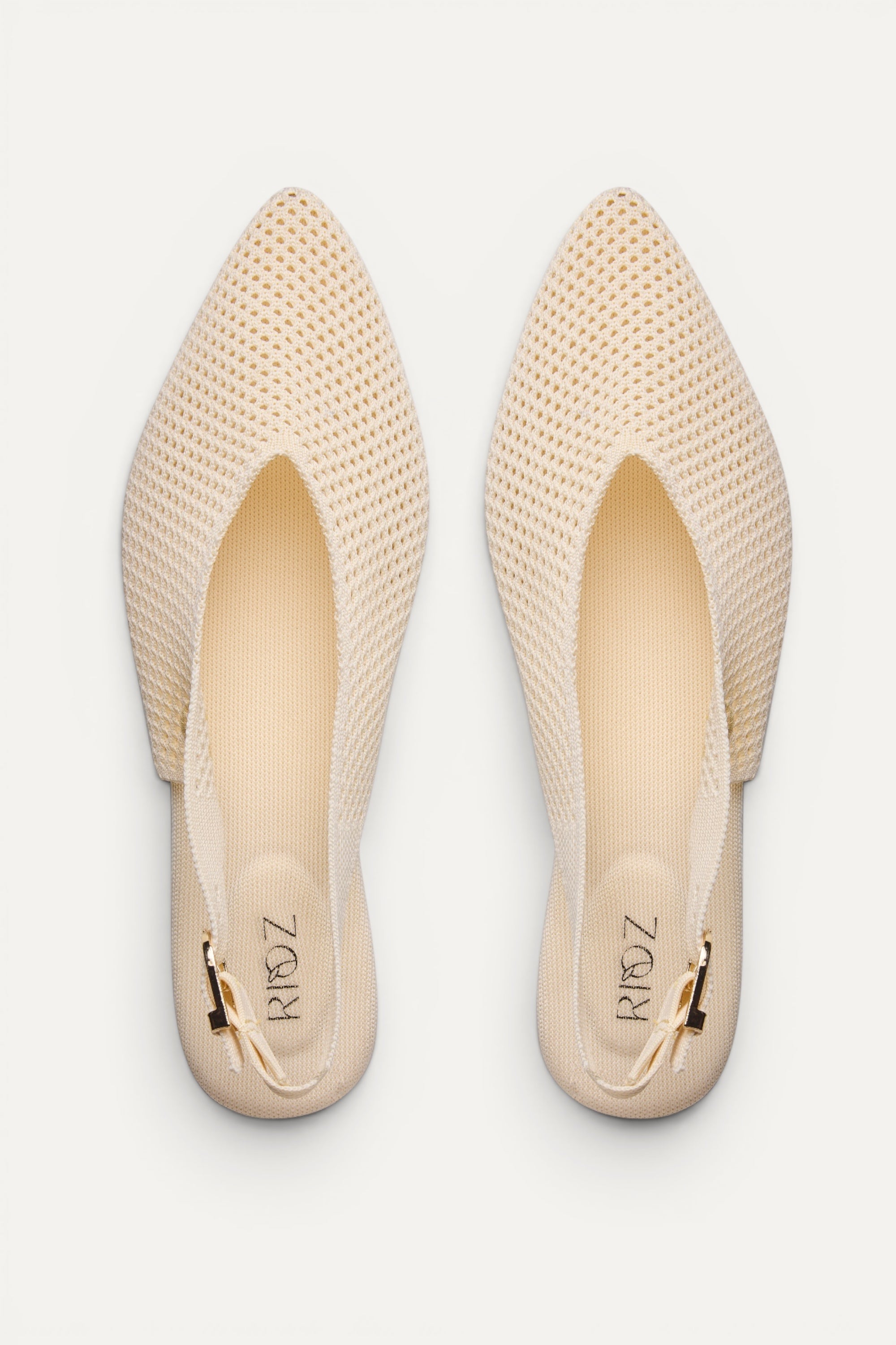 Rioz Airknit Slingbacks in ivory, vegan pointed-toe knit flats from recycled PET bottles, made in India.