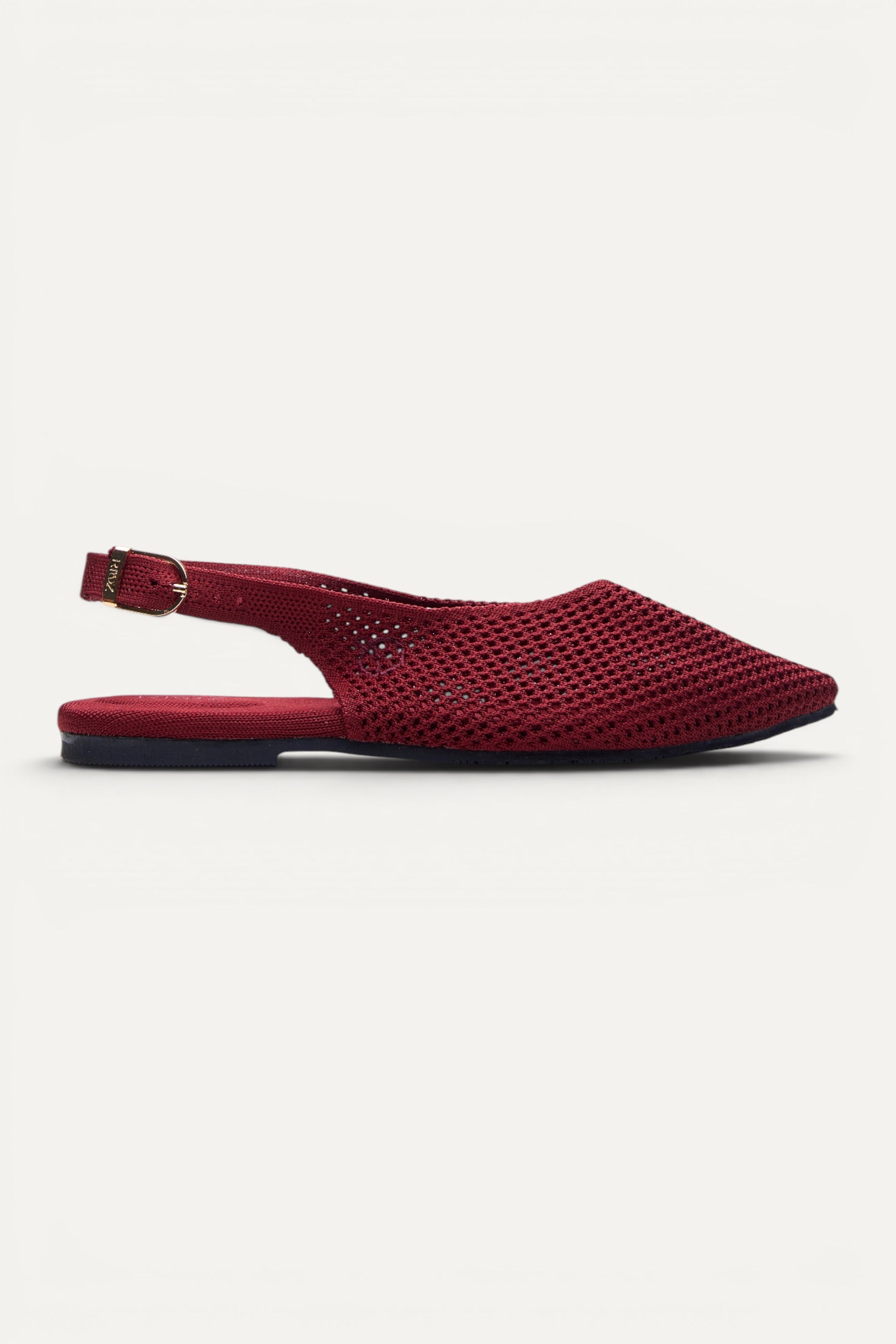 Top view of Rioz Airknit Slingbacks (maroon, pointed-toe), lightweight knit flats from rPET bottles.