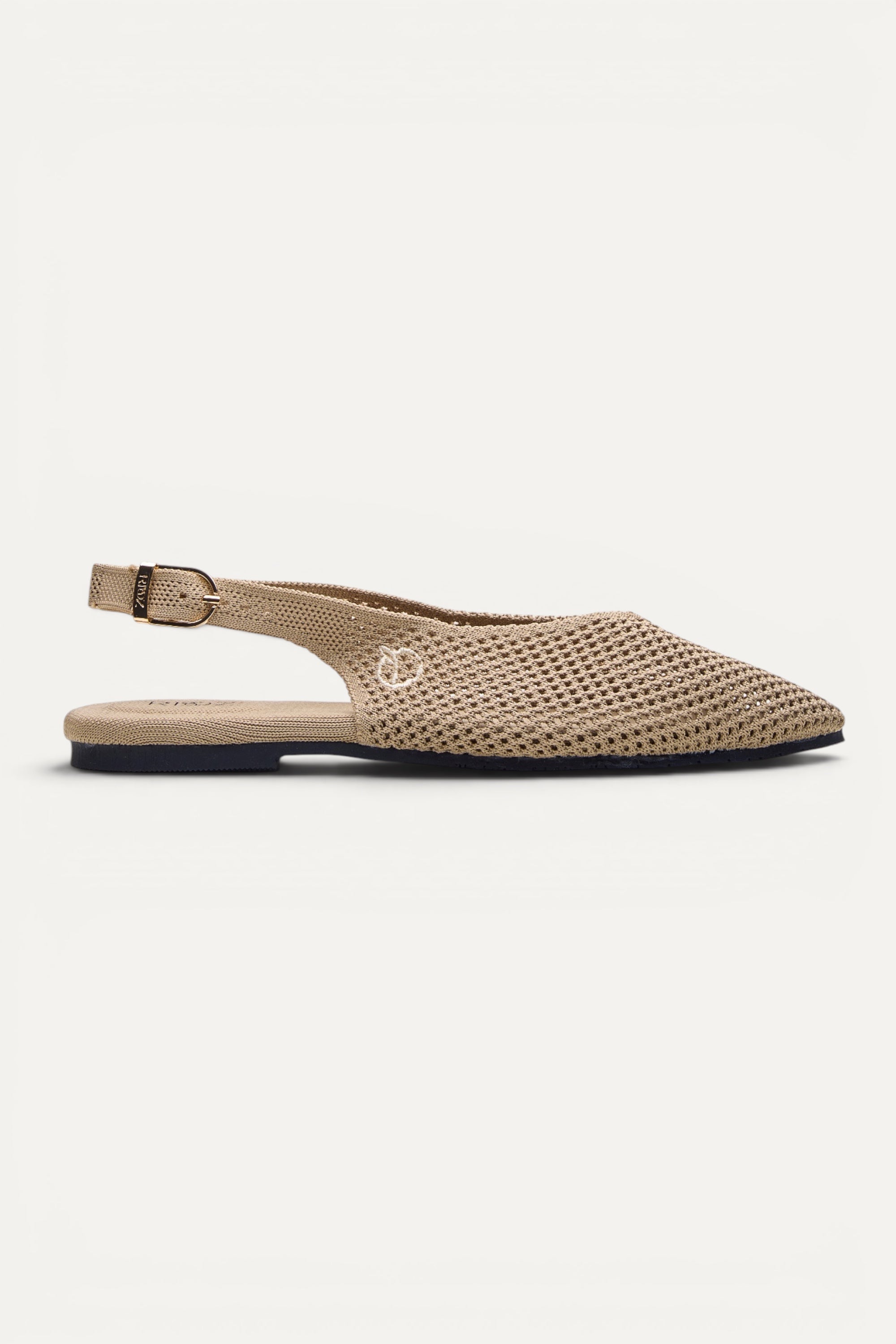 Top view of Rioz Airknit Slingbacks (sand, pointed-toe), lightweight knit flats from rPET bottles.