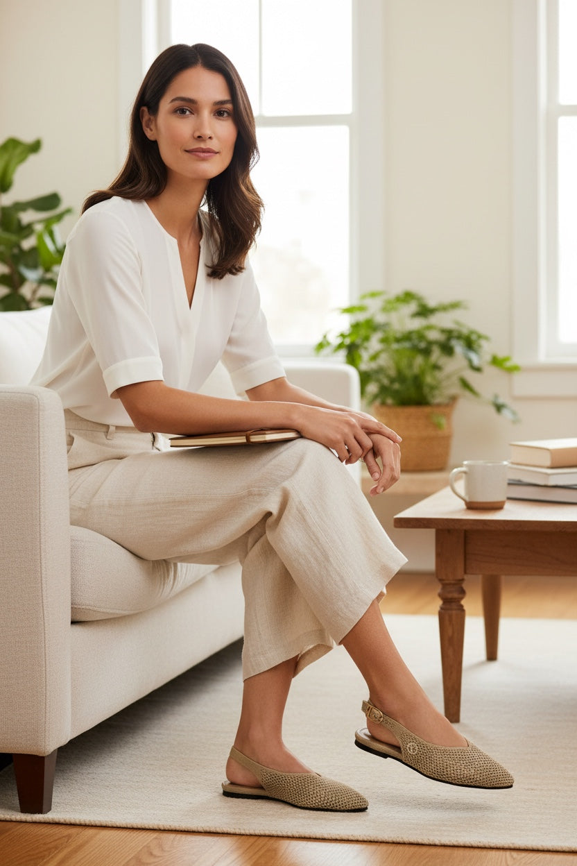 Side view of Rioz Sand Airknit Slingbacks, sleek pointed-toe knit flats with open-mesh upper.