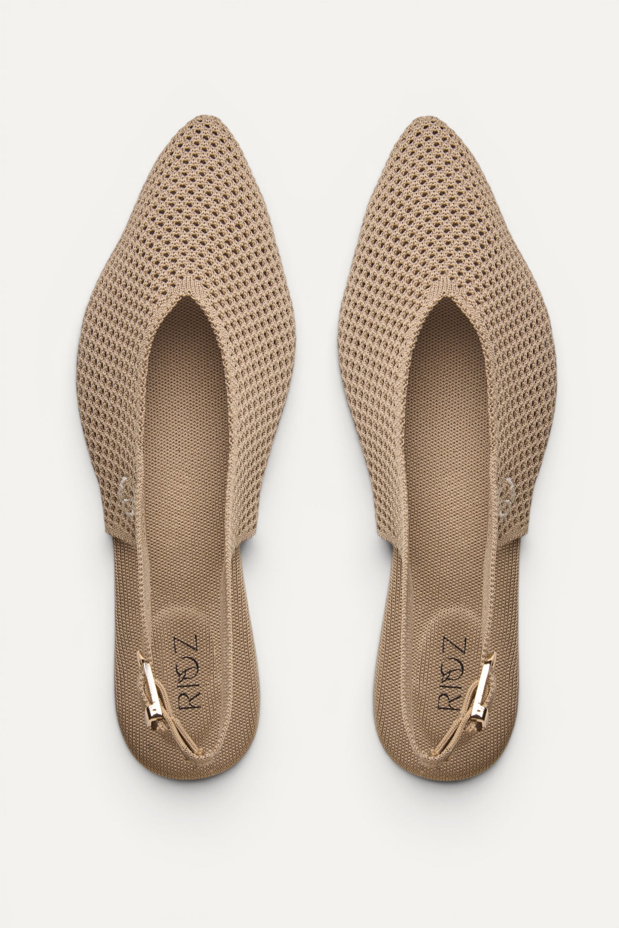 Rioz Airknit Slingbacks in sand, vegan pointed-toe knit flats from recycled PET bottles, made in India.