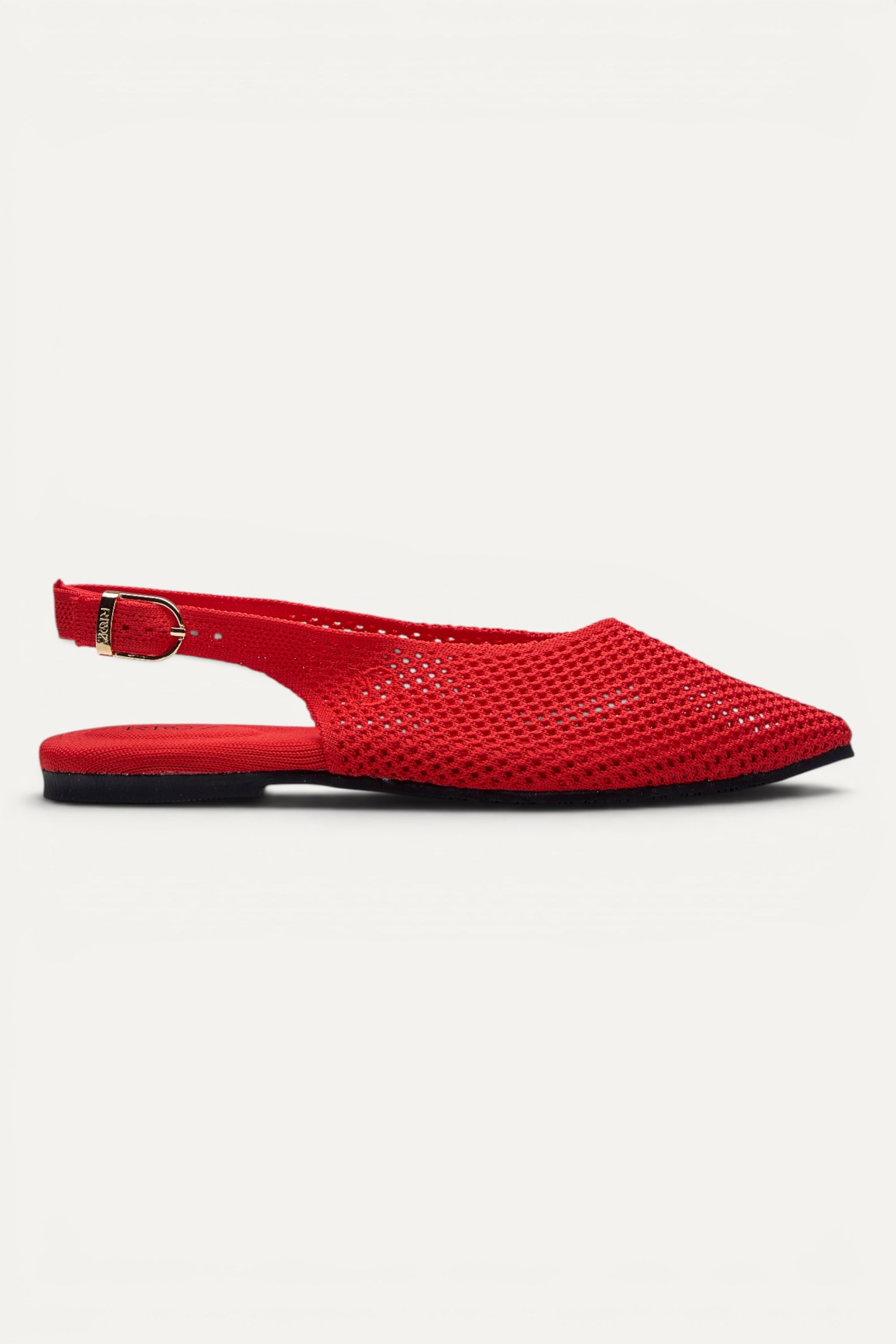 Top view of Rioz Airknit Slingbacks (red, pointed-toe), lightweight knit flats from rPET bottles.