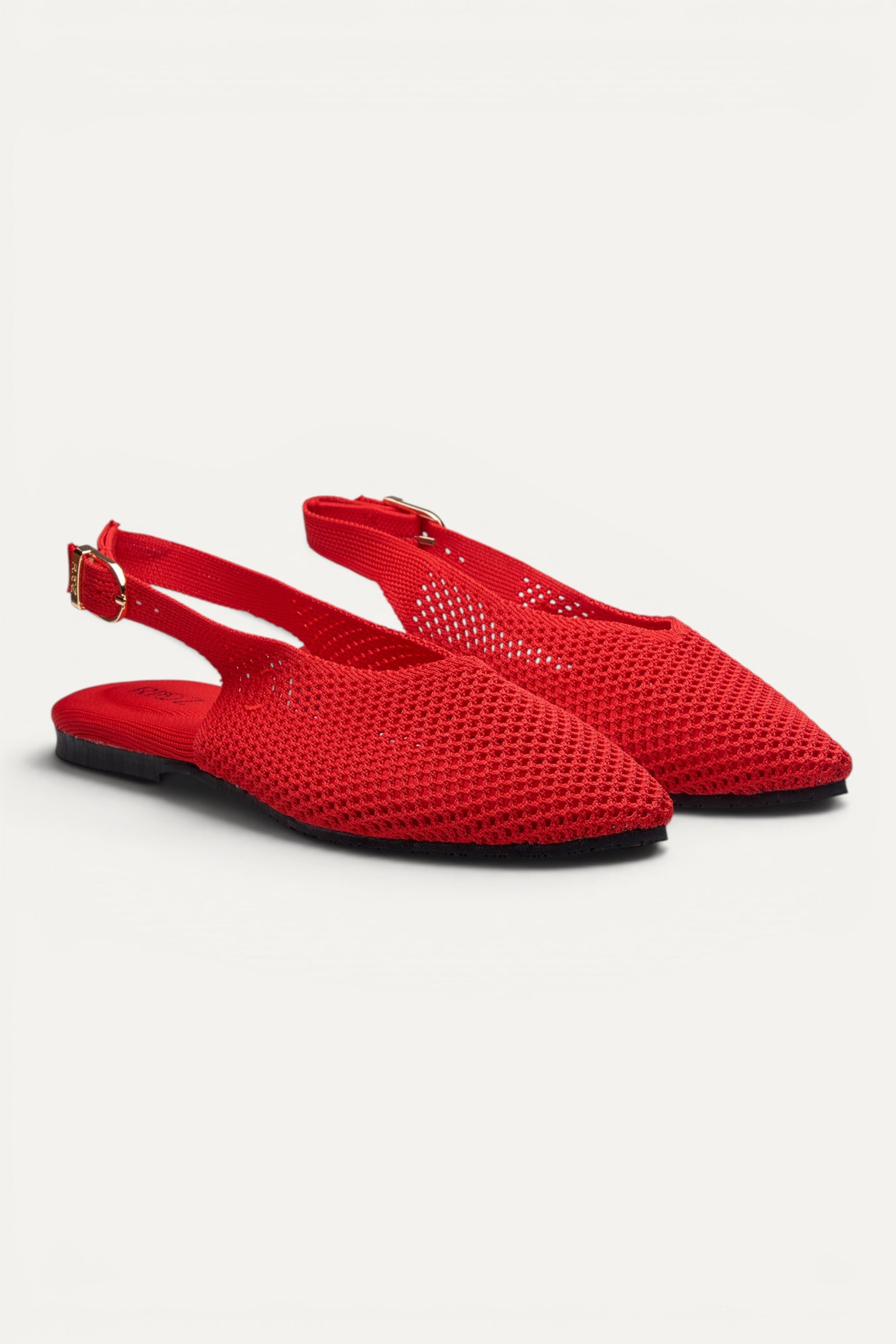 Rioz Airknit Slingbacks in red, vegan pointed-toe knit flats from recycled PET bottles, made in India.