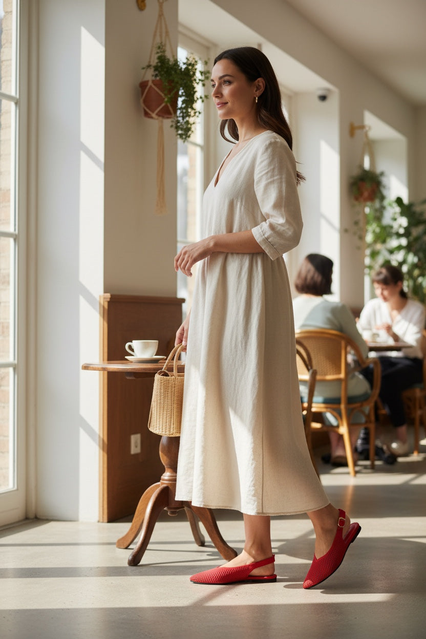 Side view of Rioz Red Airknit Slingbacks, sleek pointed-toe knit flats with open-mesh upper.