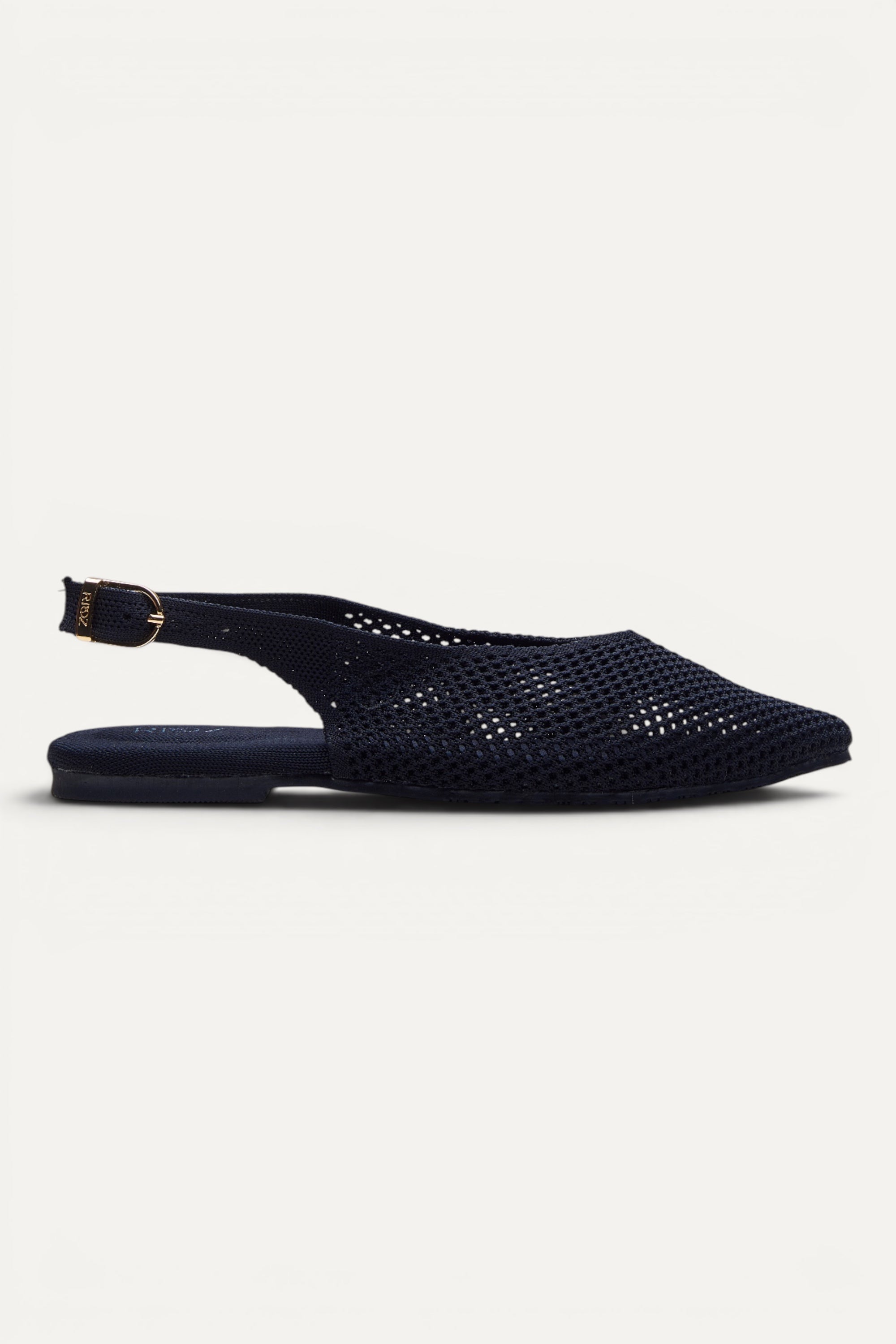 Top view of Rioz Airknit Slingbacks (black, pointed-toe), lightweight knit flats from rPET bottles.