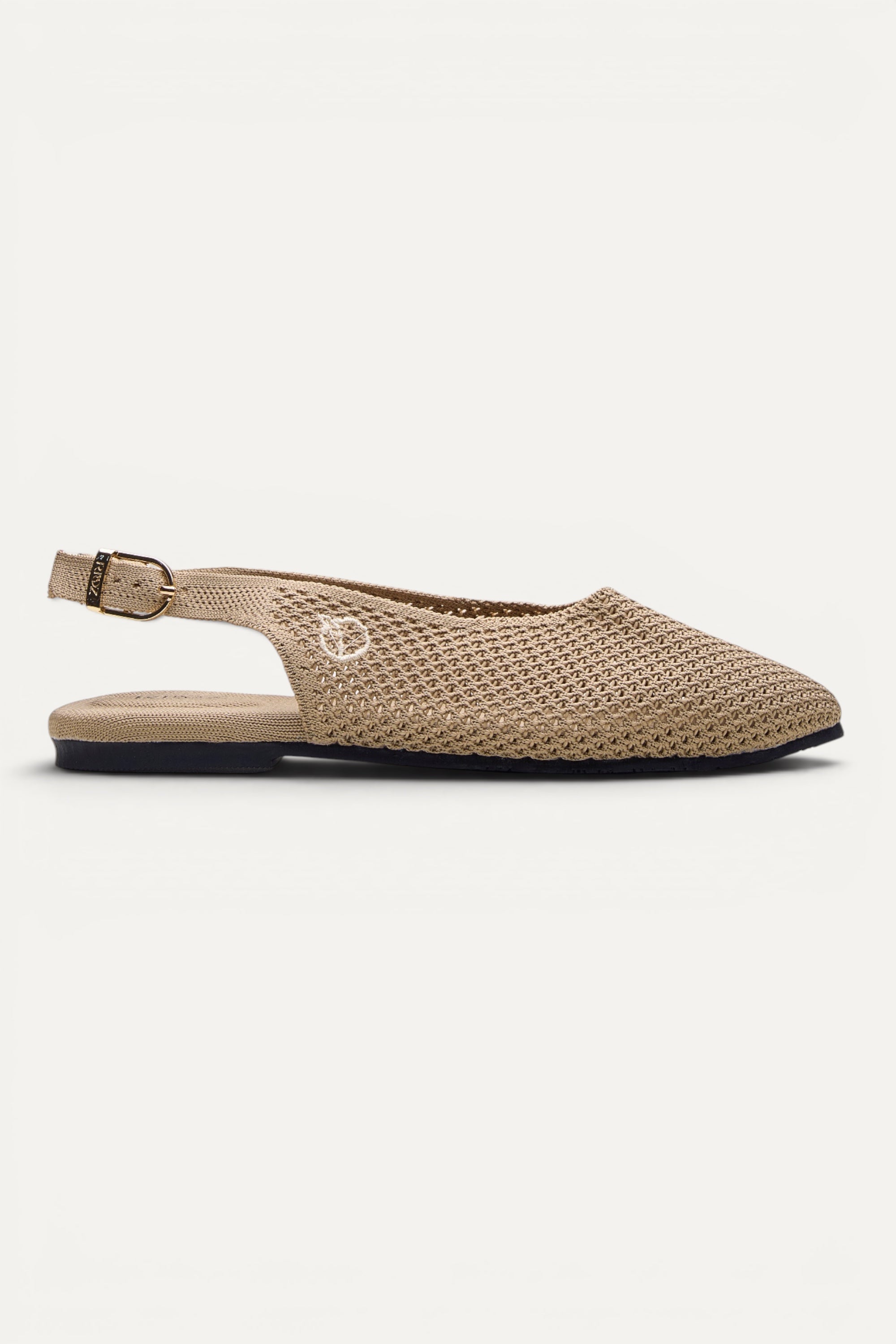 Top view of Rioz Airknit Slingbacks (sand, almond-toe), lightweight knit flats made in India from rPET.