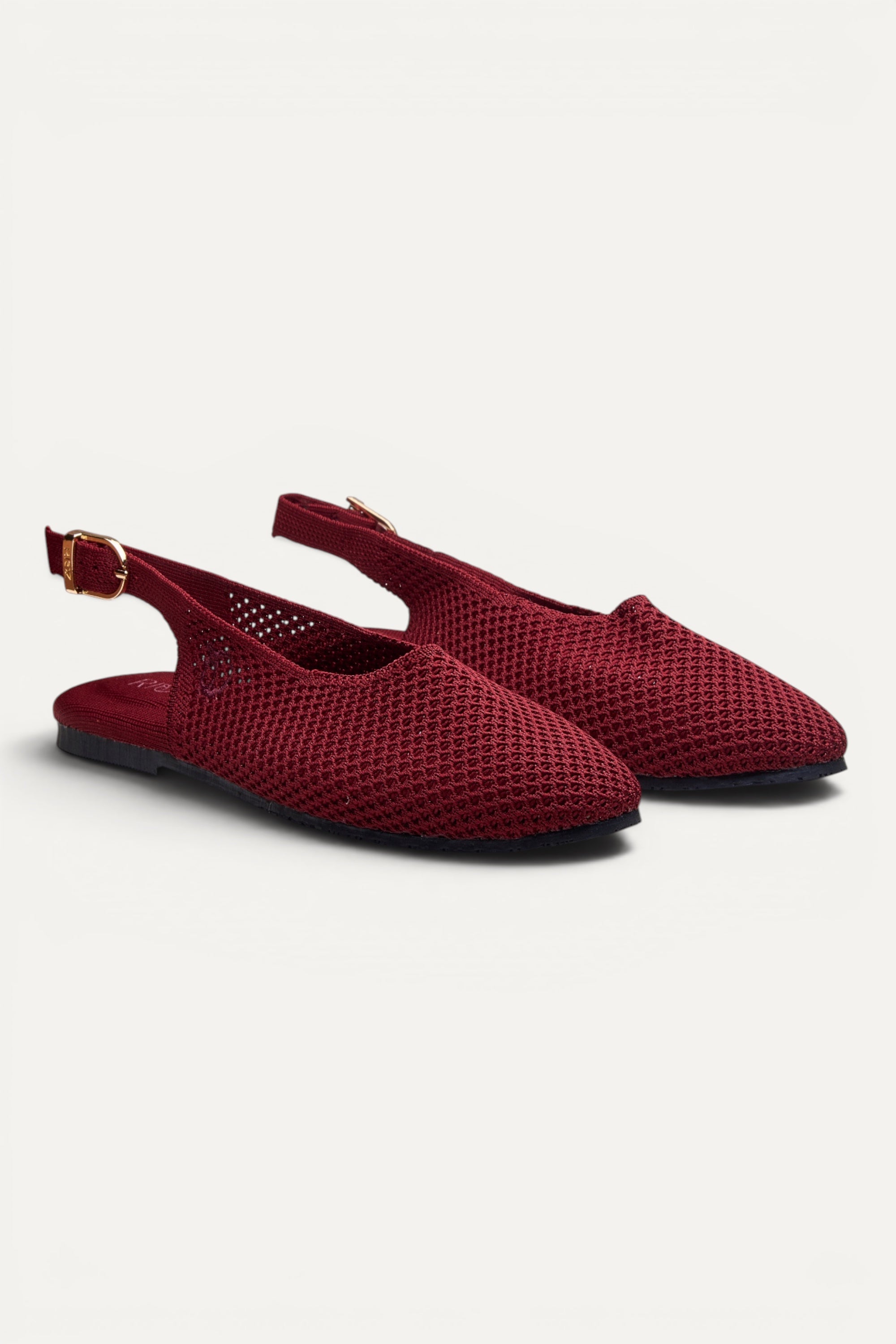 Rioz Airknit Slingbacks in maroon, vegan almond-toe knit flats from recycled PET bottles, made in India.