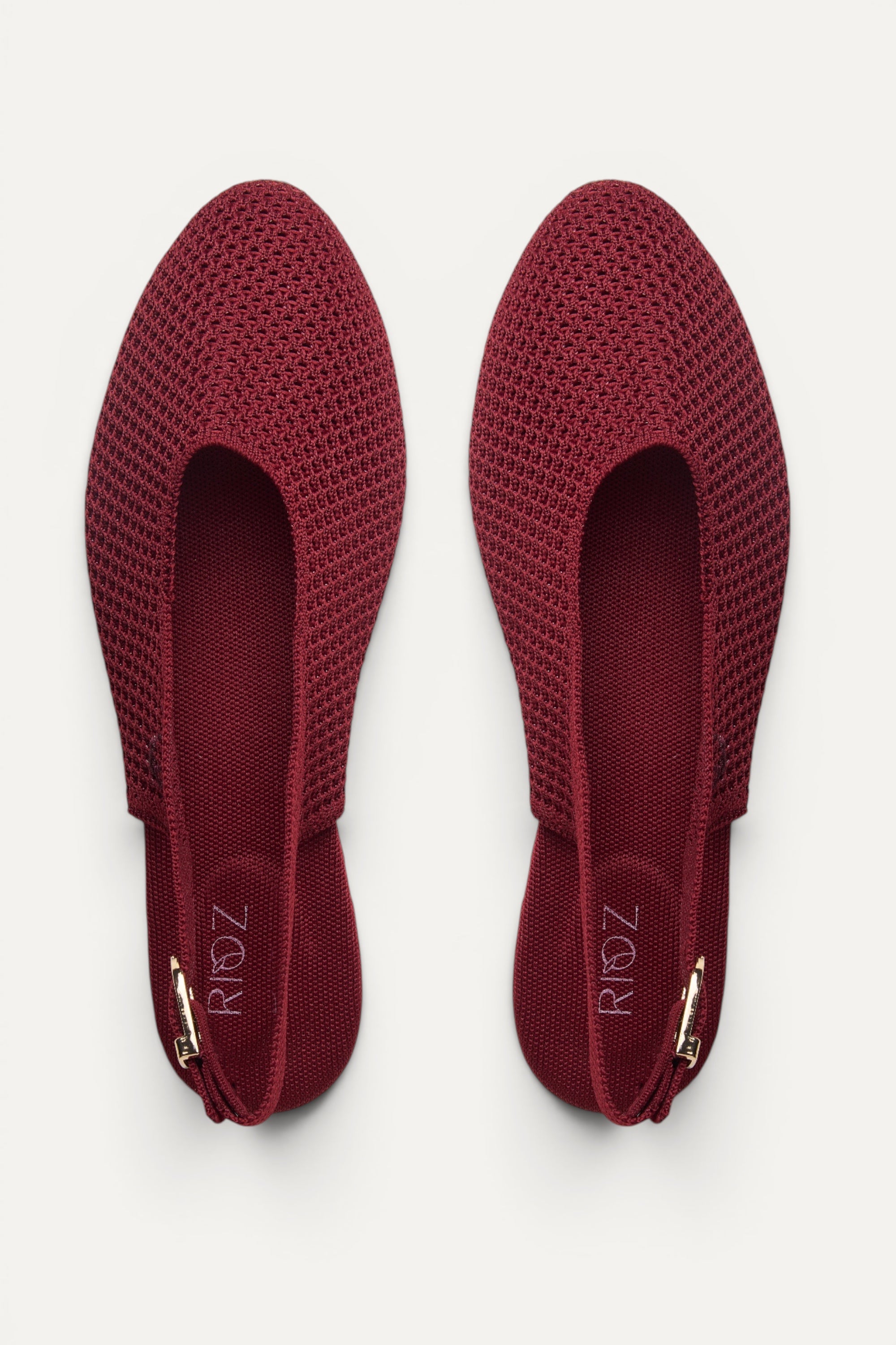 Rioz Airknit Slingbacks in maroon, vegan almond-toe knit flats from recycled PET bottles, made in India.