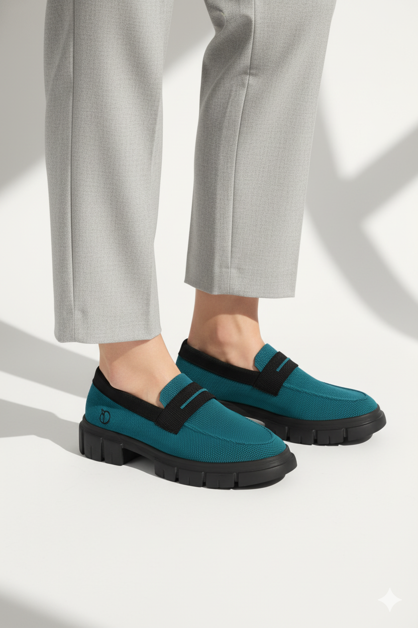 Rioz blue and black slip-on loafers for women with  eco-friendly  breathable knit fabric and cushioned sole