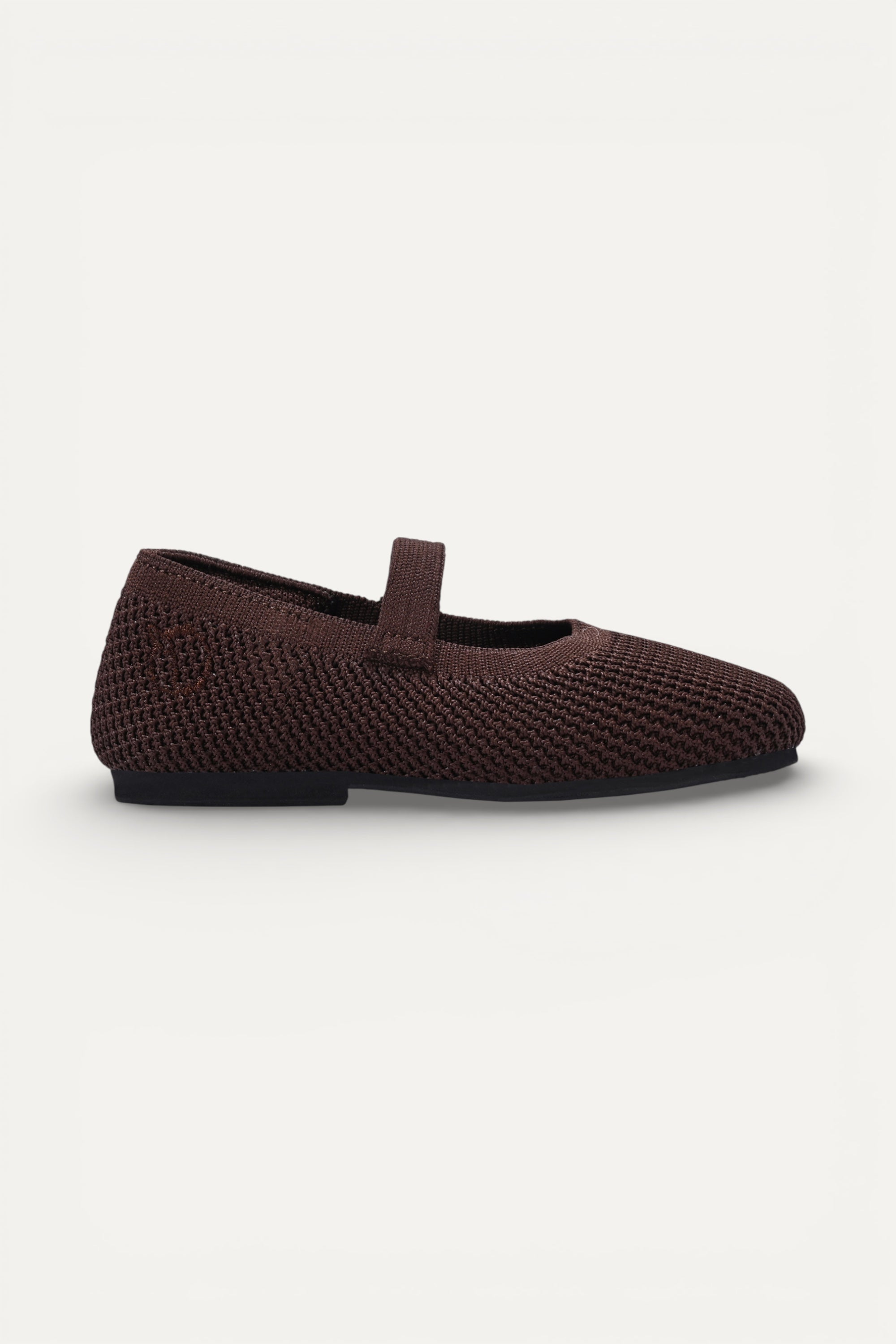 Kids Brown knit Mary Jane shoes with black strap, made using zero-waste 3D knitting from recycled PET (rPET) plastic bottles, lightweight breathable round-toe flats for everyday wear.