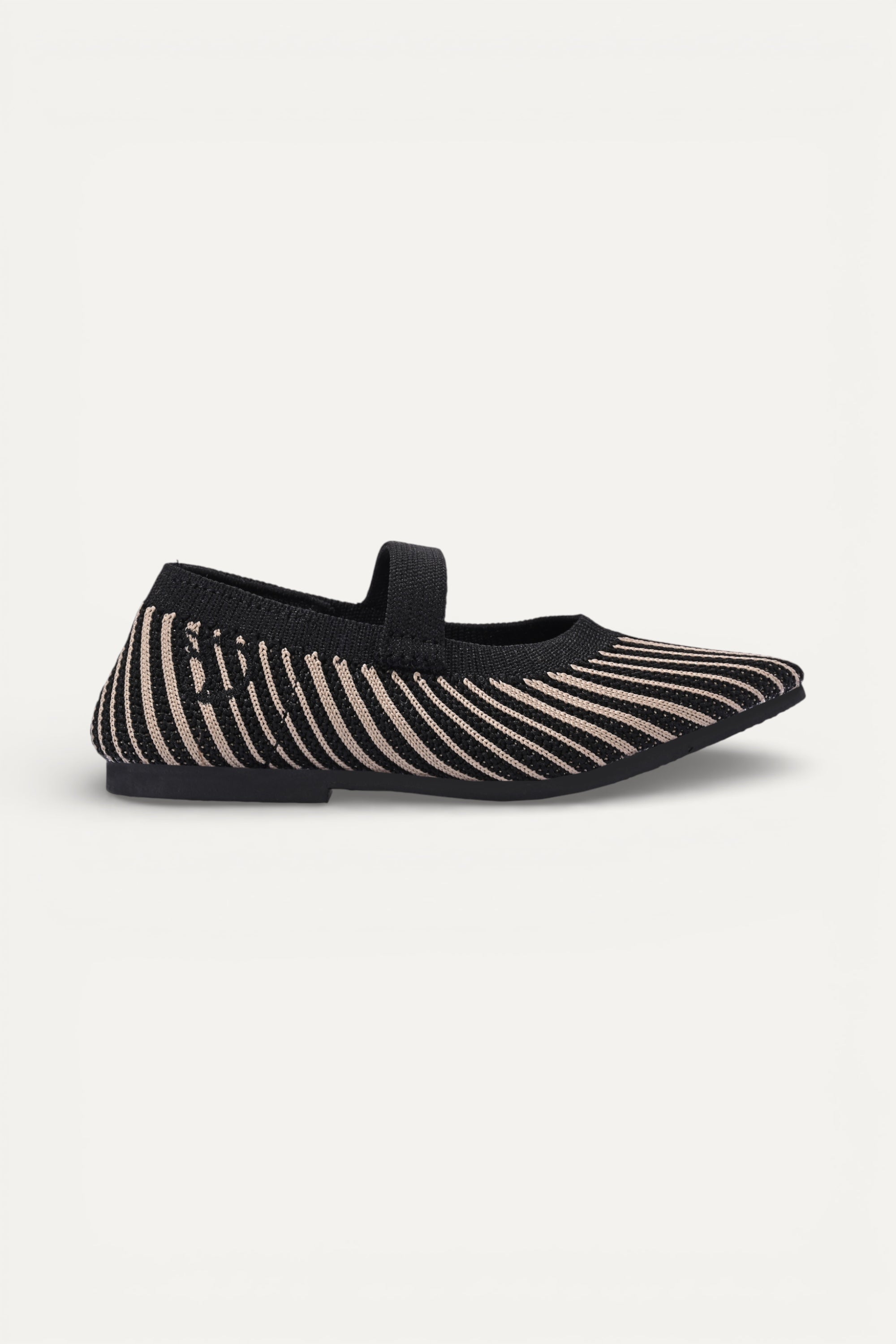 Kids cream knit Mary Jane shoes with black strap, made using zero-waste 3D knitting from recycled PET (rPET) plastic bottles, lightweight breathable round-toe flats for everyday wear.