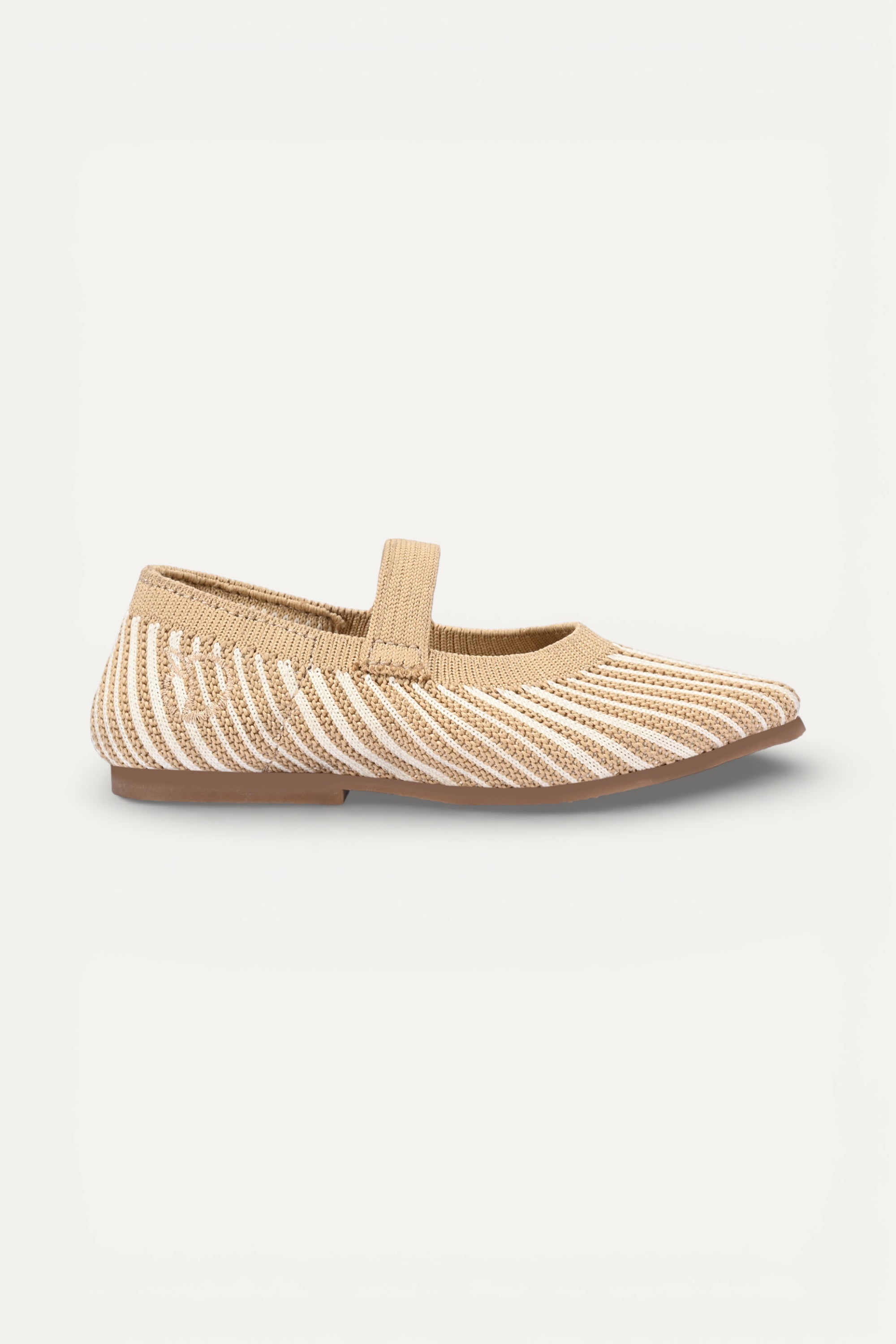 Beige and cream knit Mary Jane flats with strap, breathable striped pattern upper, lightweight flexible sole, comfortable everyday footwear for kids.