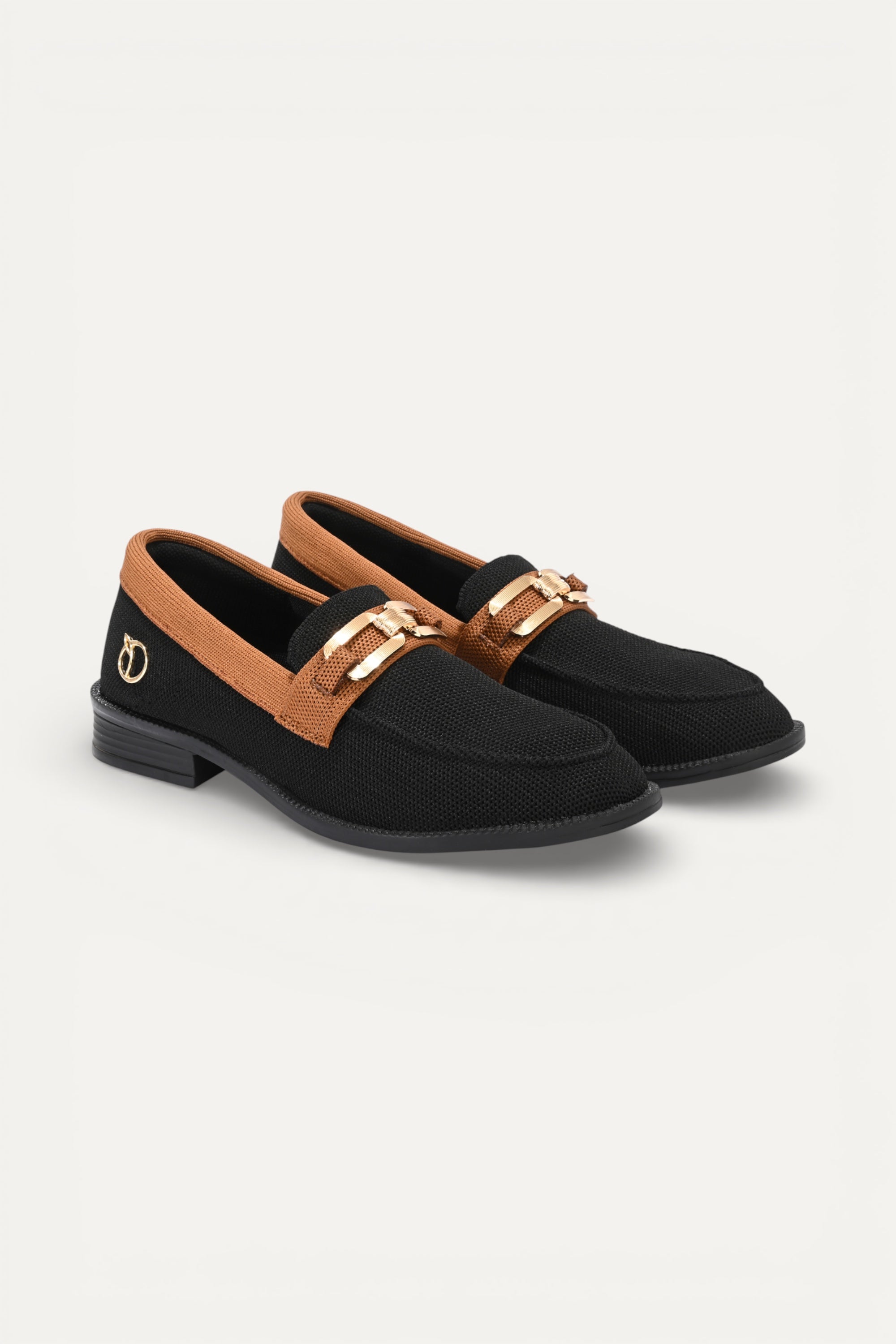 Rioz black knit slip-on loafers with brown trim and gold buckle detail,  eco-friendly fabric and cushioned sole casual shoes