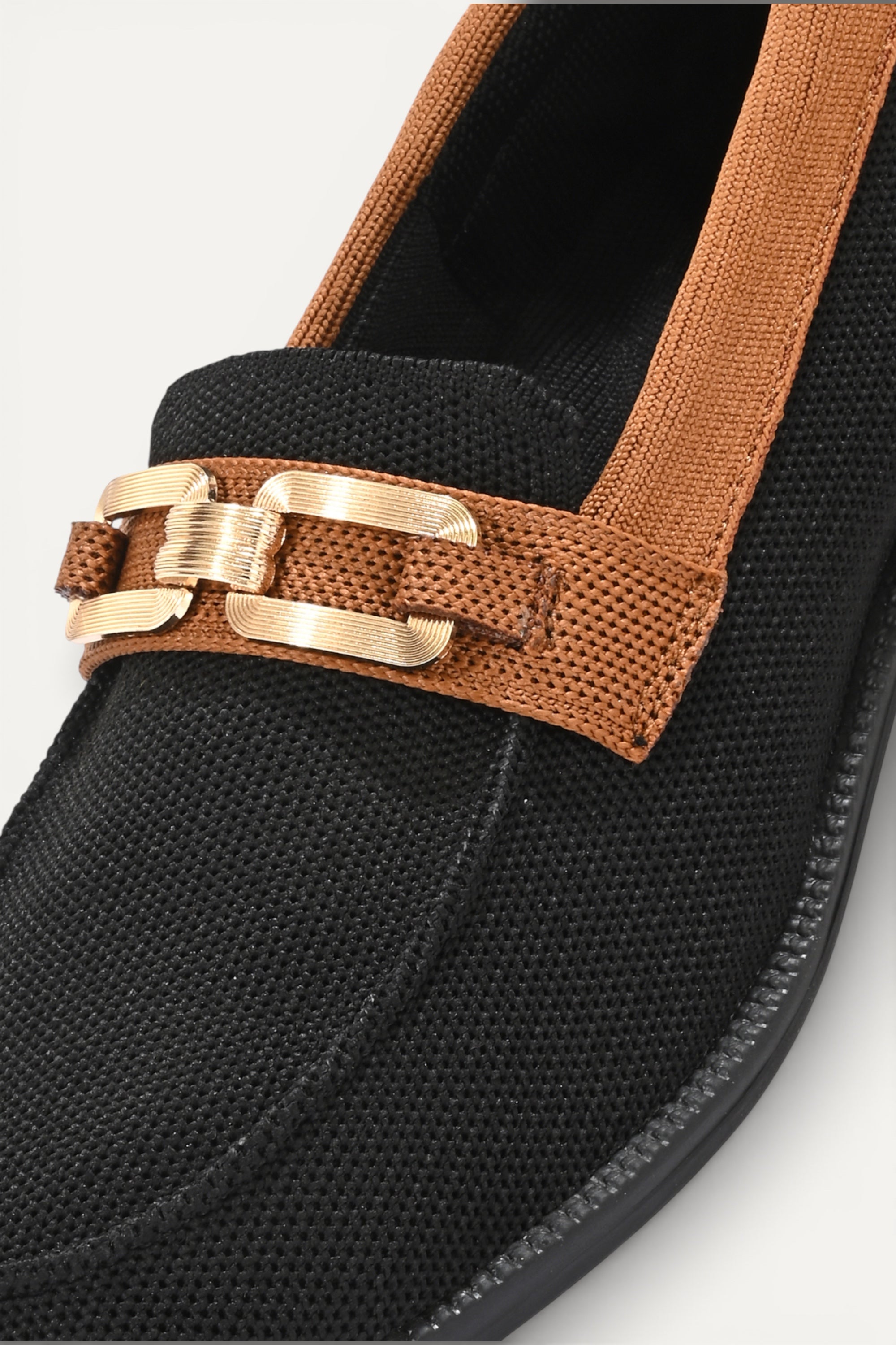 Rioz black knit slip-on loafers with brown trim and gold buckle detail,  eco-friendly fabric and cushioned sole casual shoes