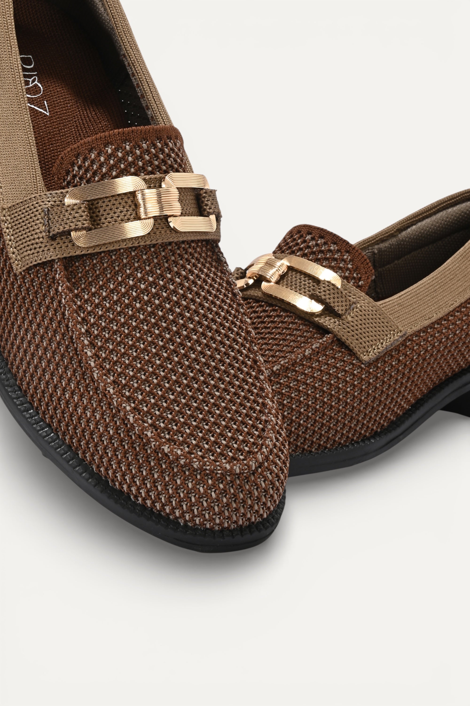 Rioz Brown knit slip-on loafers with brown trim and gold buckle detail,  eco-friendly fabric and cushioned sole casual shoes