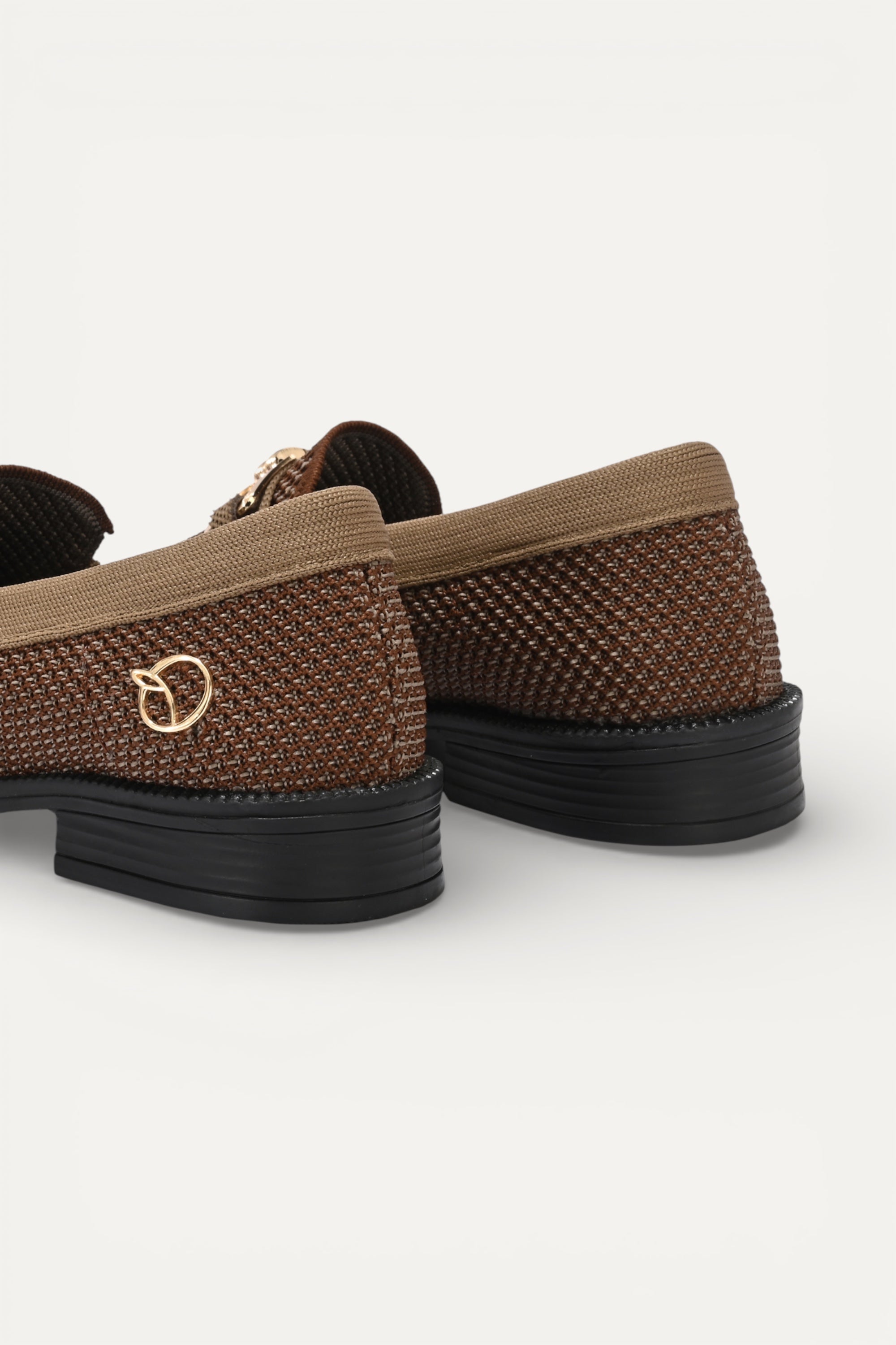 Rioz Brown knit slip-on loafers with brown trim and gold buckle detail,  eco-friendly fabric and cushioned sole casual shoes