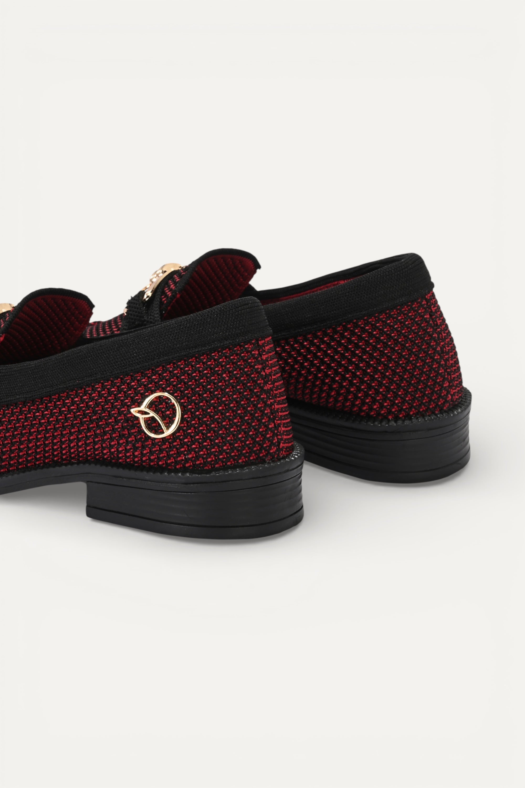 Rioz maroon knit slip-on loafers with black trim and gold buckle detail,  eco-friendly fabric and cushioned sole casual shoes