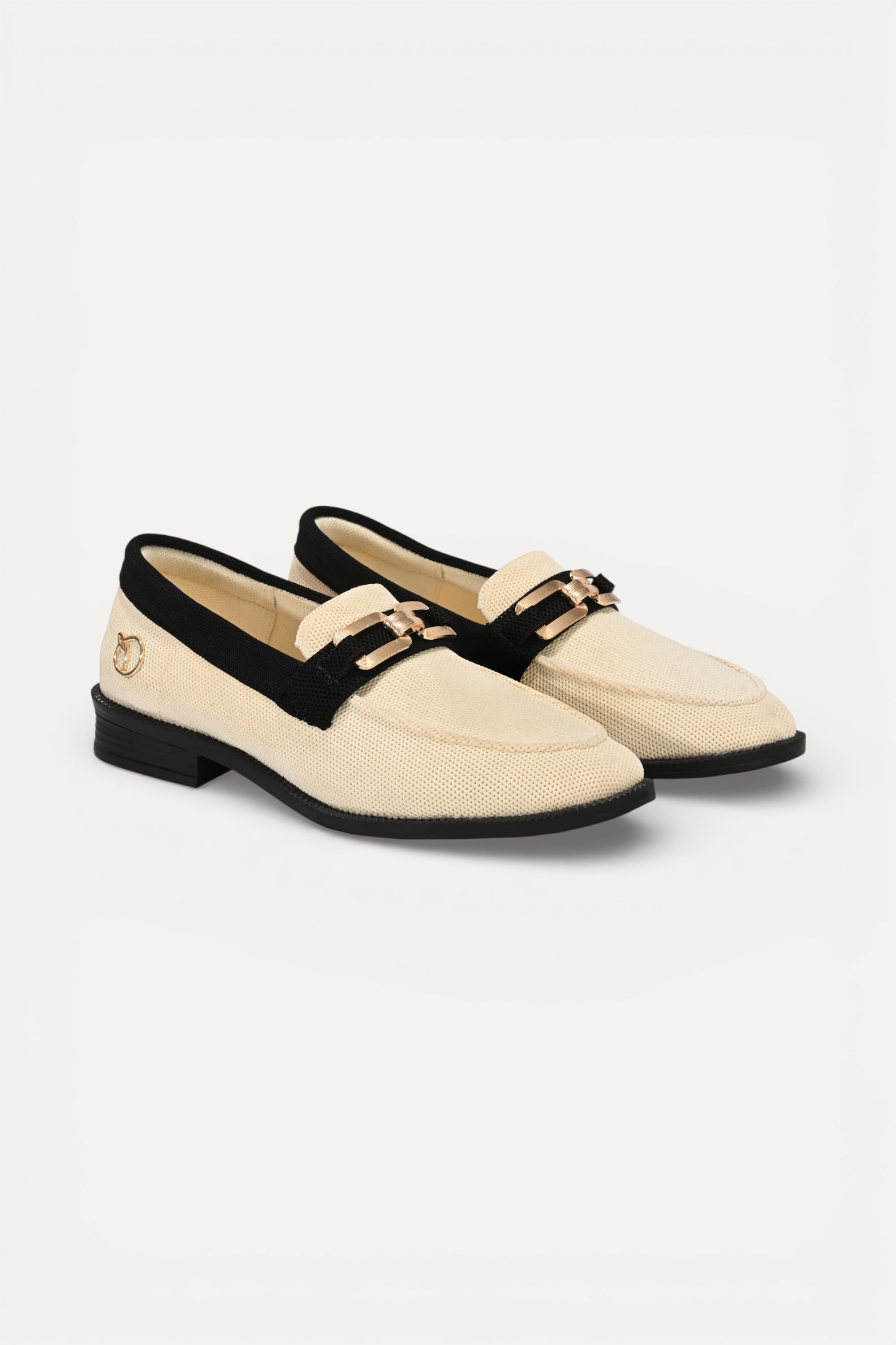 Rioz cream knit slip-on loafers with black trim and gold buckle detail,  eco-friendly fabric and cushioned sole casual shoes