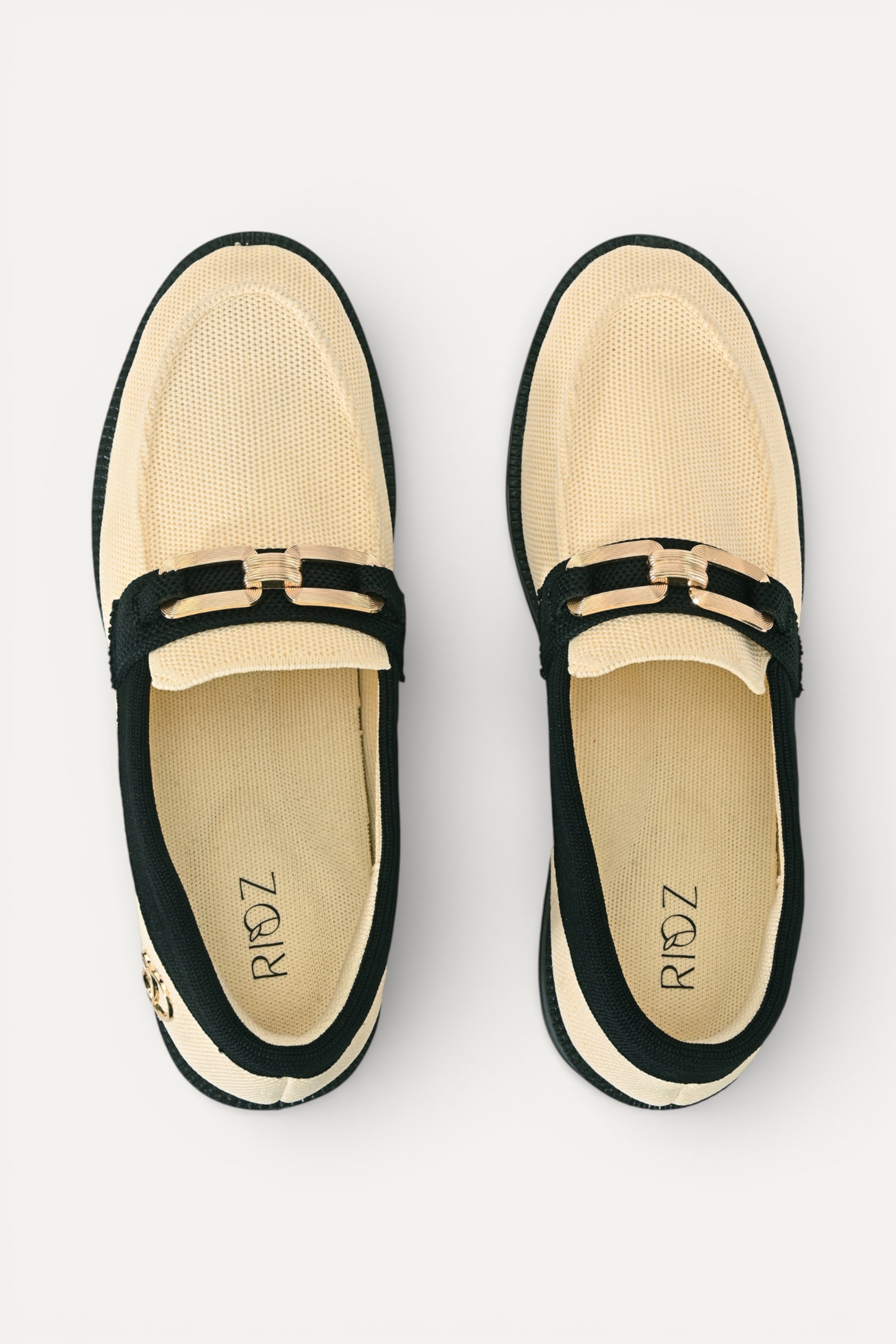 Rioz cream knit slip-on loafers with black trim and gold buckle detail,  eco-friendly fabric and cushioned sole casual shoes