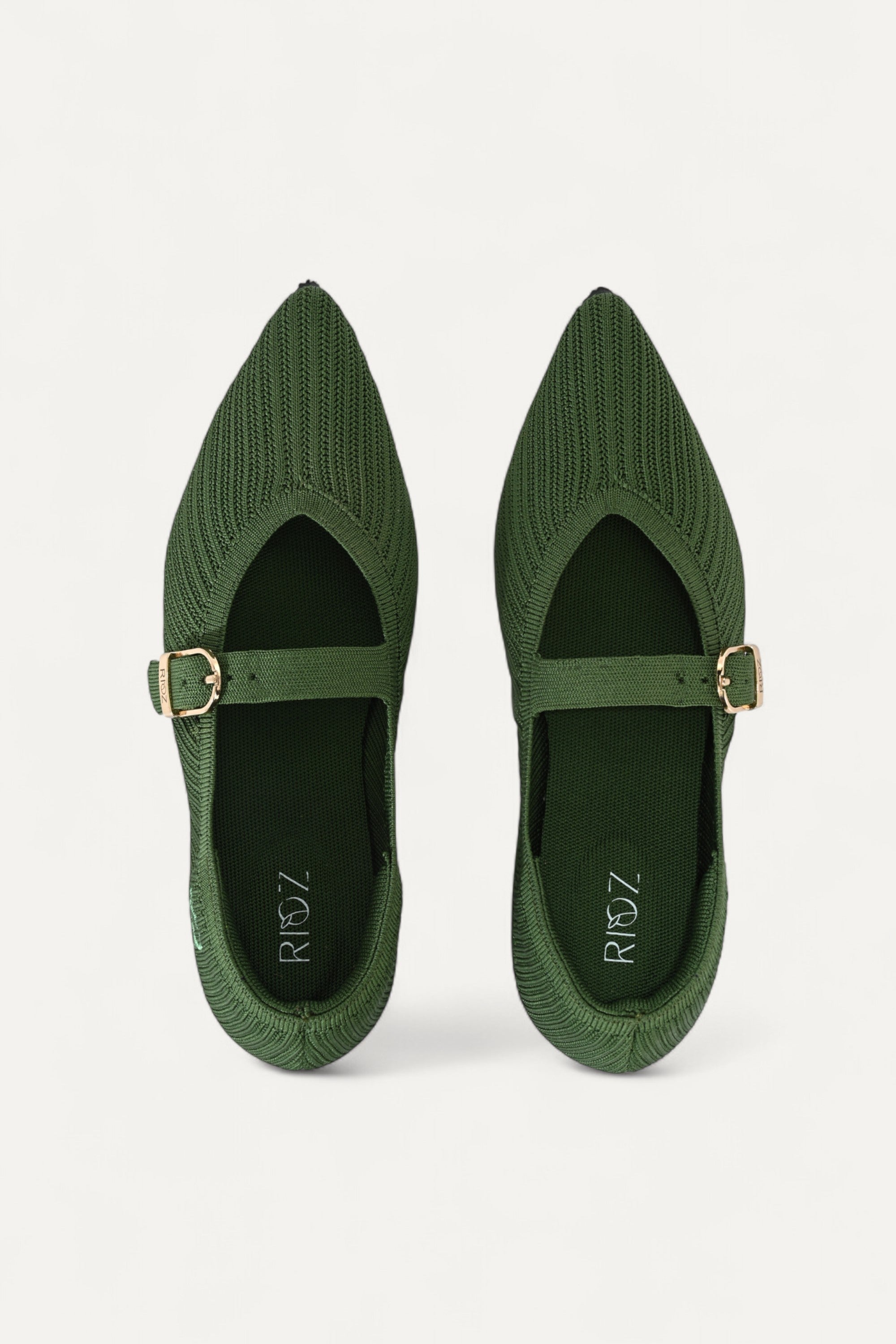 Rioz green pointed toe flats for women with breathable knit fabric , lightweight sole eco-friendly design
