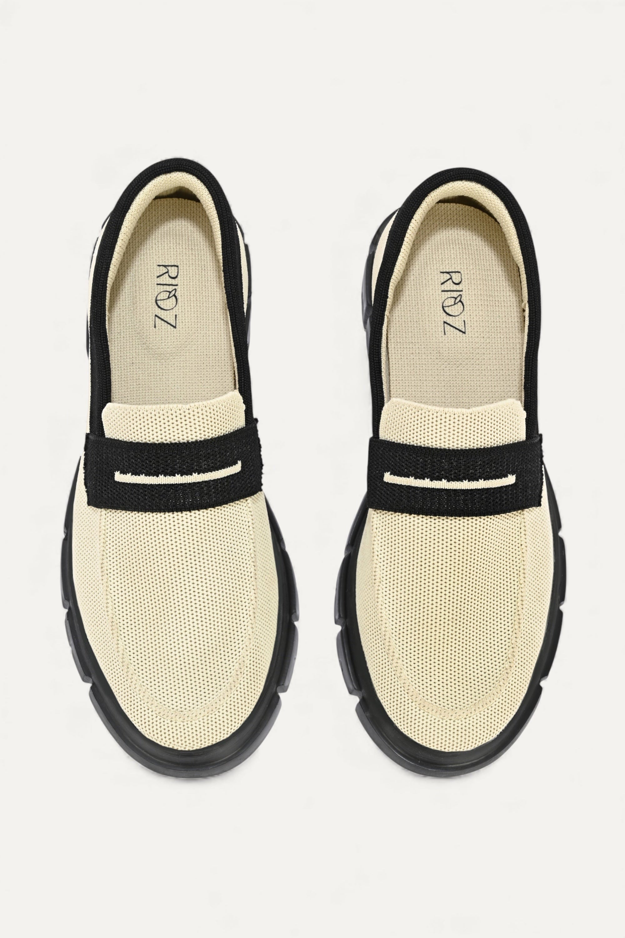 Rioz white and black slip-on loafers for women with  eco-friendly  breathable knit fabric and cushioned sole