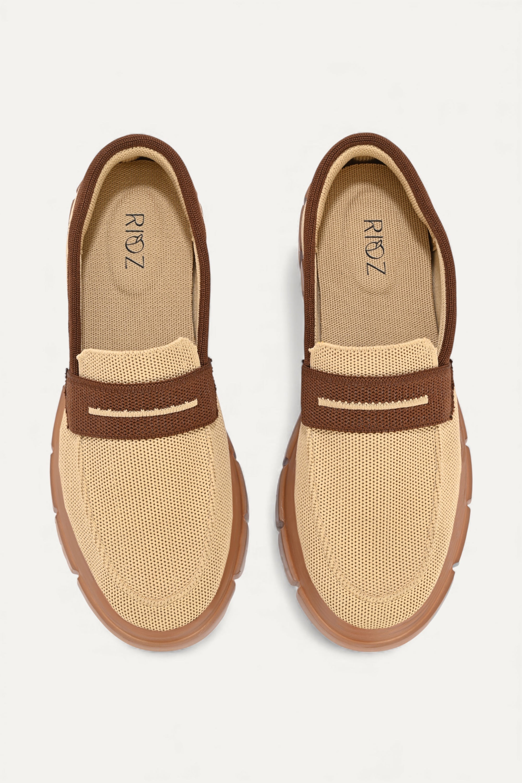 Rioz beige and brown slip-on loafers for women with  eco-friendly  breathable knit fabric and cushioned sole