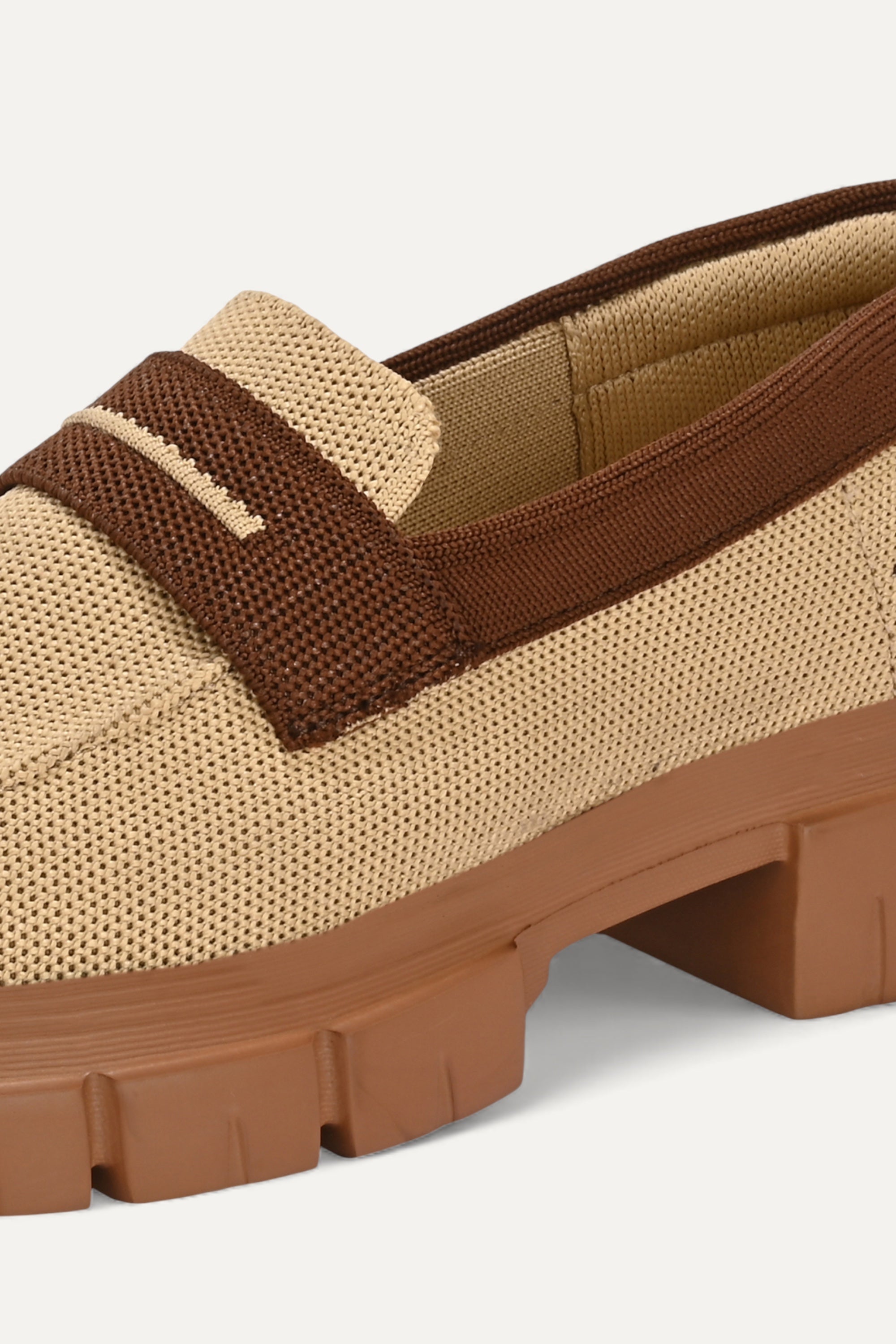 Rioz beige and brown slip-on loafers for women with  eco-friendly  breathable knit fabric and cushioned sole