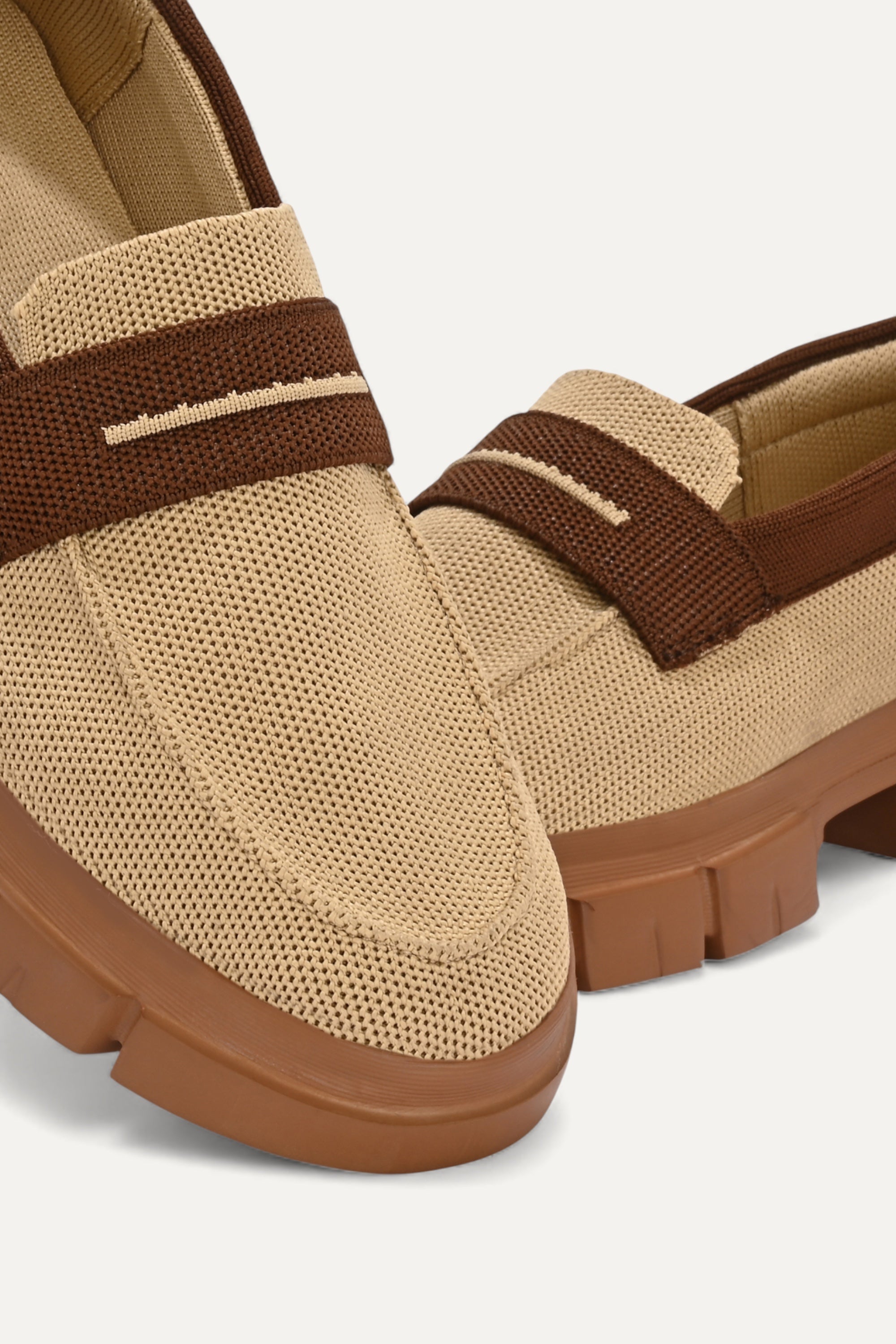 Rioz beige and brown slip-on loafers for women with  eco-friendly  breathable knit fabric and cushioned sole