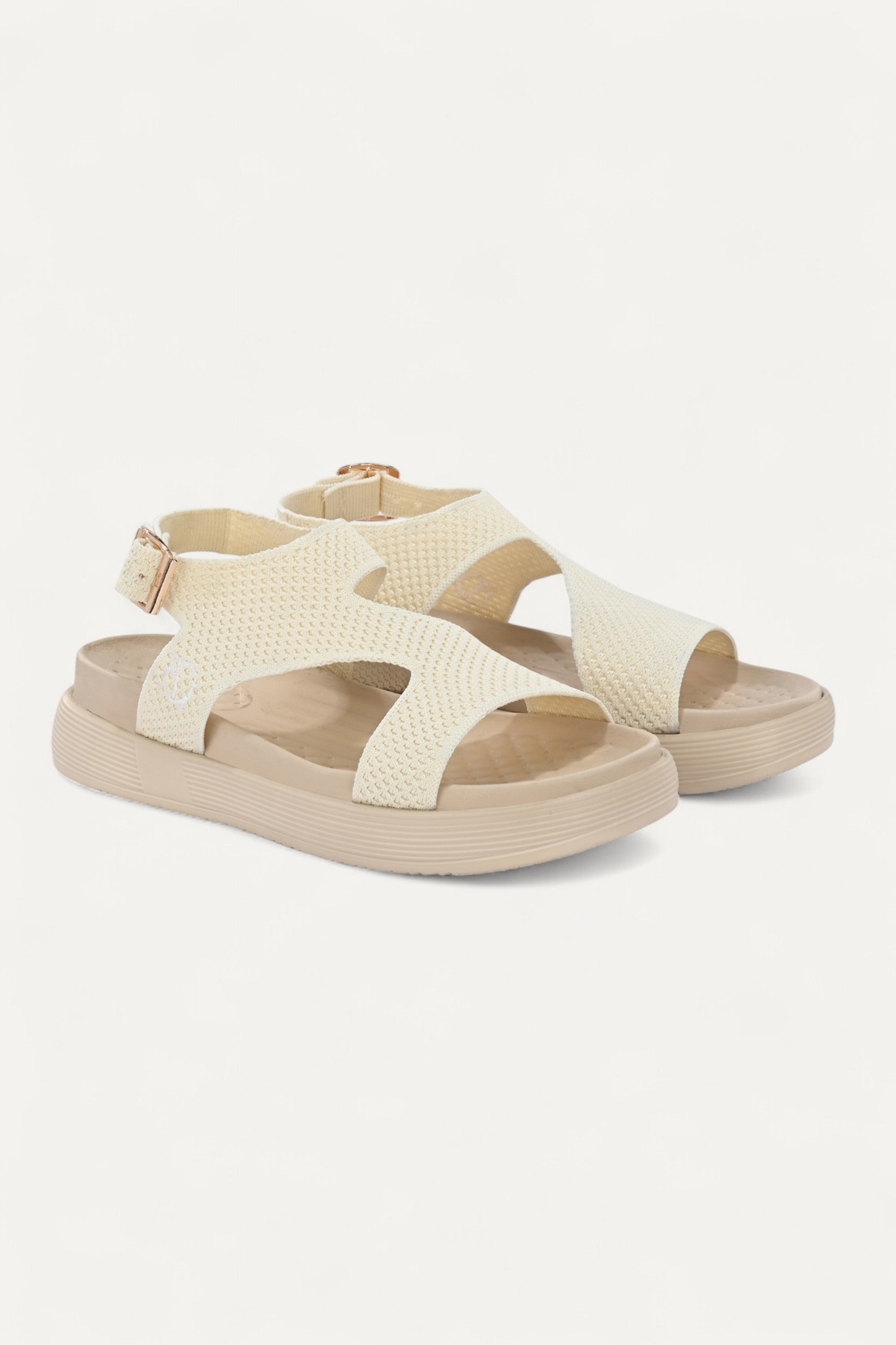 Rioz cream casual sandals for women with breathable knit straps and cushioned sole eco-friendly fabric and cushioned sole 